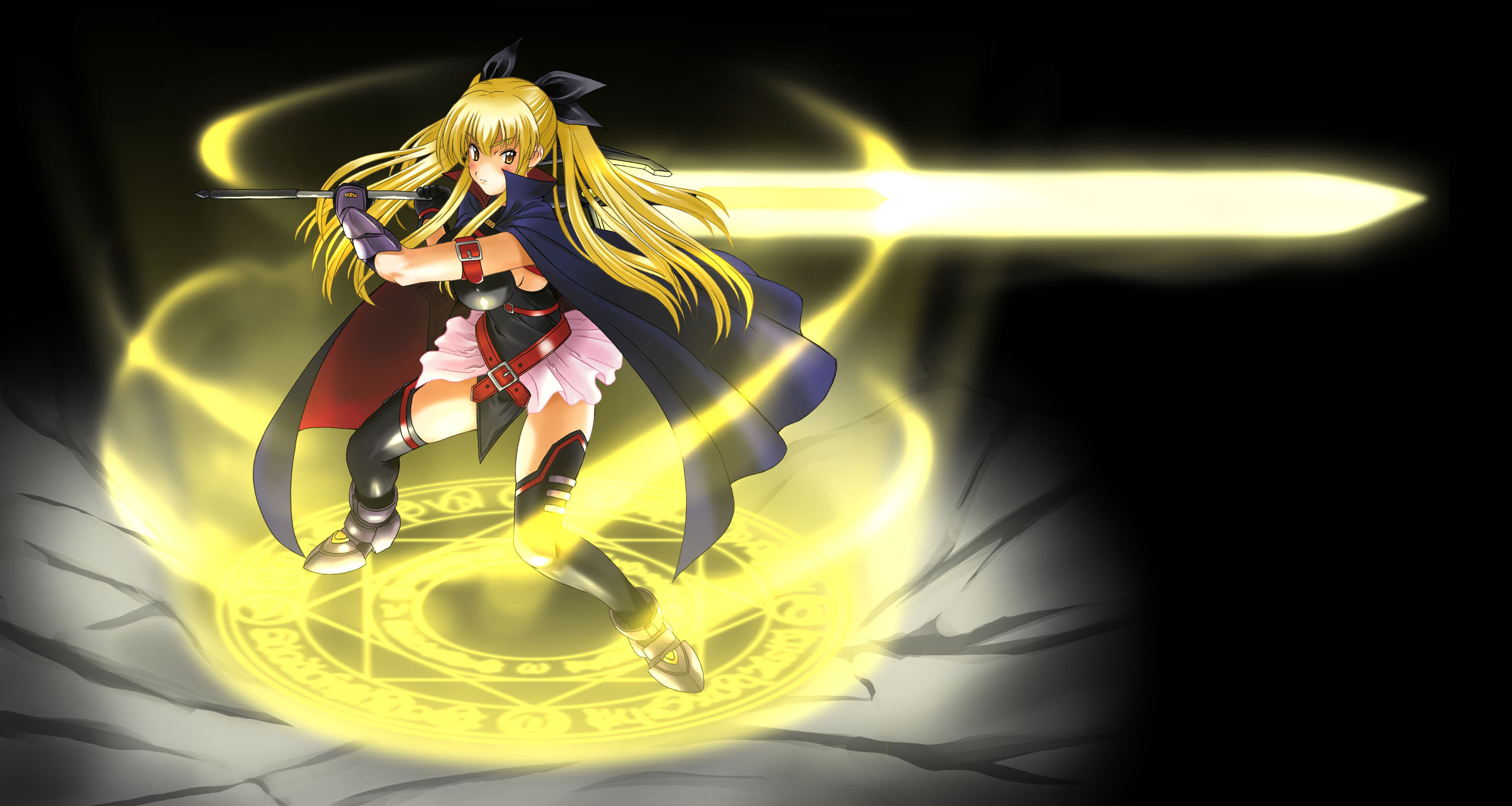 kamia (not found), bardiche (nanoha), bardiche (zanber form) (nanoha), fate testarossa, fate testarossa (lightning form), matsuoka kiyone, lyrical nanoha, mahou shoujo lyrical nanoha, mahou shoujo lyrical nanoha a's, original, highres, 1girl, blonde hair, cosplay, fate testarossa (cosplay), female focus, solo, sword, thighhighs, weapon