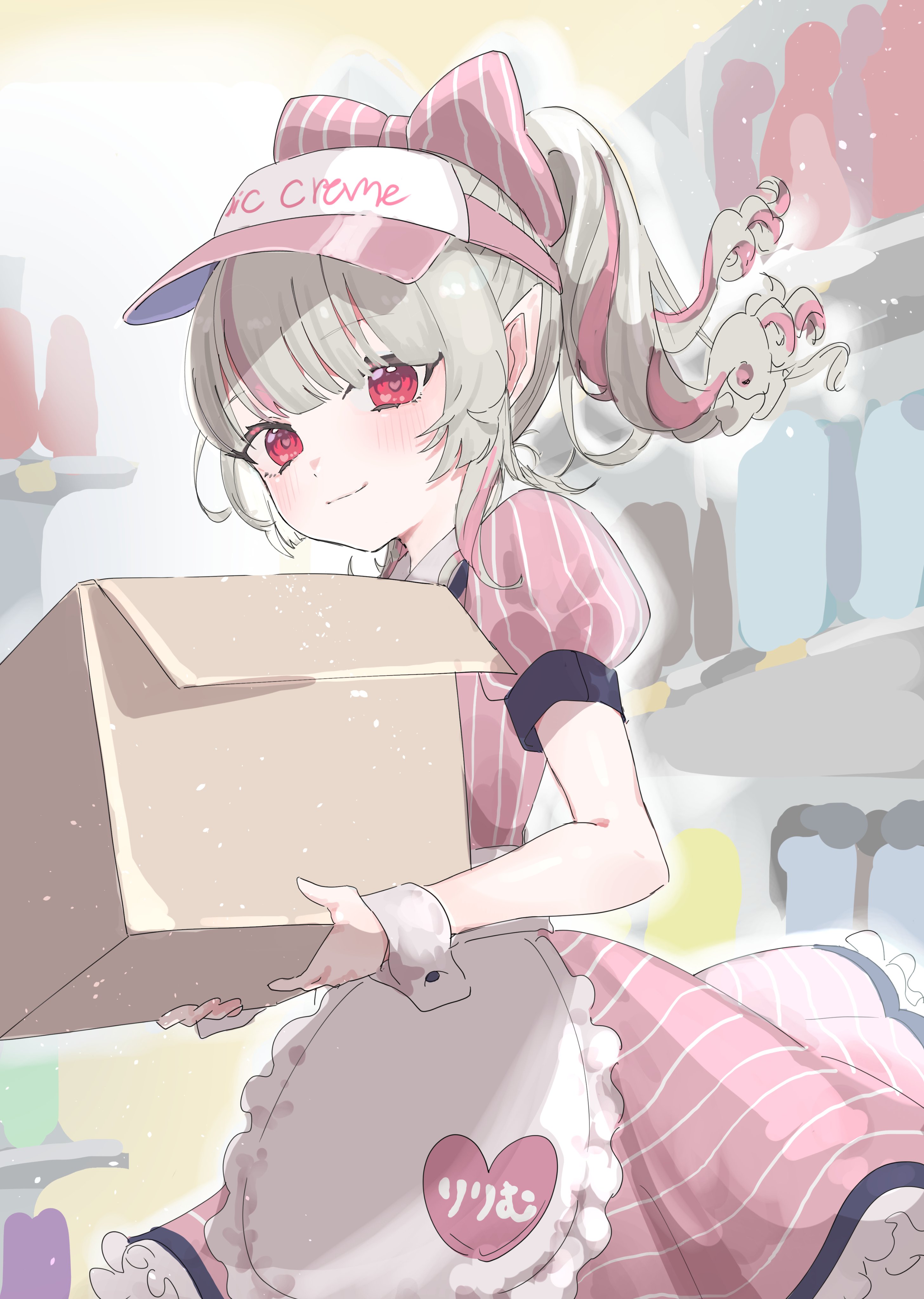 yuzuponzu220, makaino ririmu, nijisanji, absurdres, highres, 1girl, apron, blue sleeve cuffs, blue trim, blunt bangs, blurry, blurry background, blush, bow, box, cardboard box, closed mouth, colored inner hair, cowboy shot, drill hair, drill ponytail, floating hair, frilled skirt, frills, from side, grey hair, hair over shoulder, heart, holding, holding box, jacket, lapels, looking at viewer, miniskirt, multicolored hair, name tag, official alternate costume, official alternate hairstyle, pink bow, pink hair, pink jacket, pink skirt, pointy ears, puffy short sleeves, puffy sleeves, red eyes, shade, short sleeves, sidelocks, skirt, smile, solo, standing, streaked hair, striped bow, striped clothes, striped jacket, striped skirt, vertical-striped bow, vertical-striped clothes, vertical-striped jacket, virtual youtuber, visor cap, waist apron, waitress, white wrist cuffs, wrist cuffs