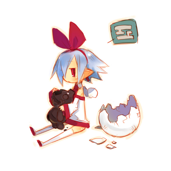 harada takehito, pleinair, usagi-san, bare shoulders, blue hair, chocolate, detached sleeves, egg, hair ribbon, pointy ears, rabbit, red eyes, ribbon, short hair, thighhighs, wings
