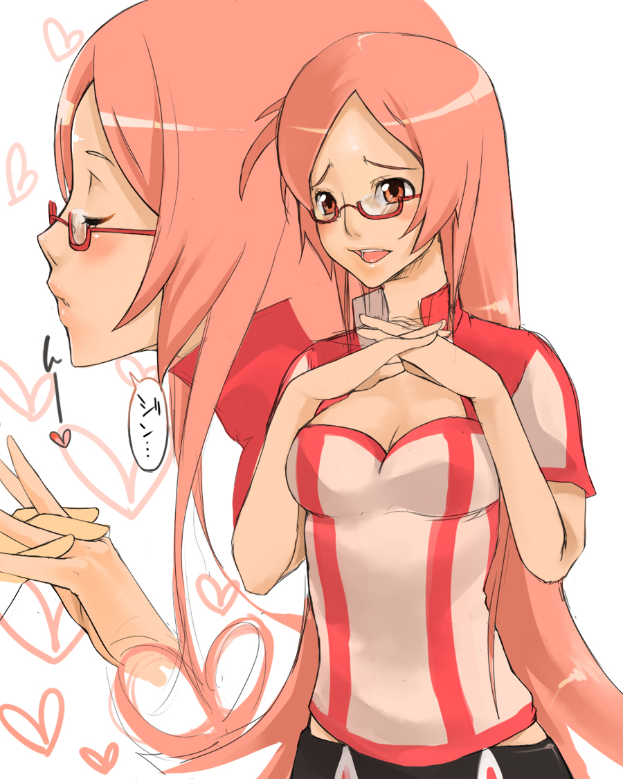 mochiya, toa (dragonaut), dragonaut, 00s, 1girl, :d, breasts, cleavage, closed eyes, glasses, hands on own chest, heart, imminent kiss, interlocked fingers, lips, long hair, looking at viewer, medium breasts, multiple views, open mouth, orange eyes, orange hair, parted bangs, pink hair, profile, raised eyebrows, red-framed eyewear, semi-rimless eyewear, short sleeves, smile, speech bubble, under-rim eyewear, upper body, very long hair