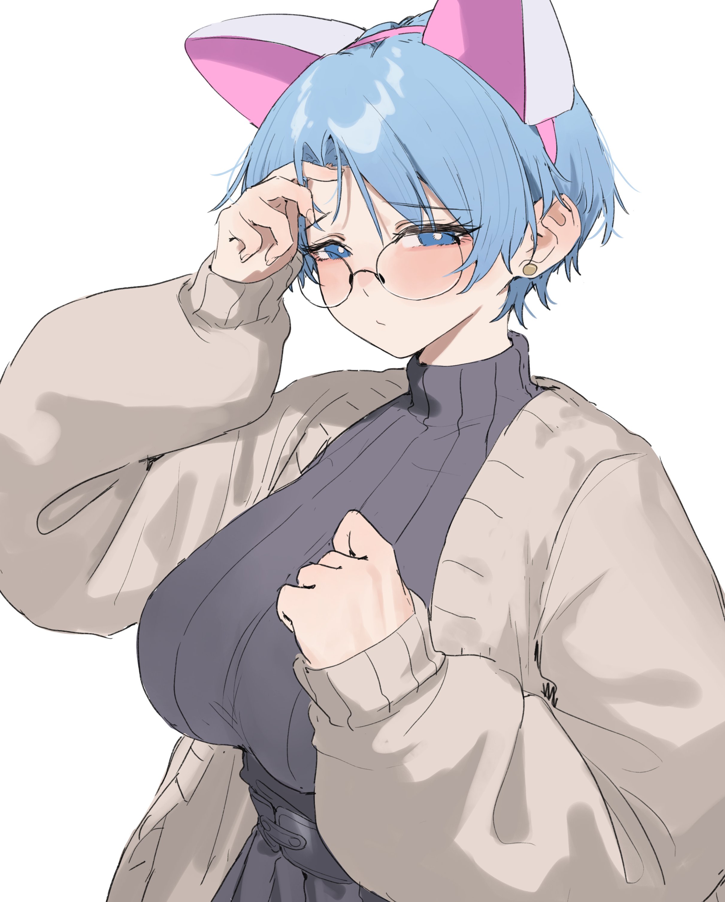 aochoku, leona (aochoku), original, absurdres, highres, 1girl, animal ear hairband, animal ears, arm up, black-framed eyewear, black sweater, blue eyes, blue hair, blush, breasts, bright pupils, brown cardigan, cardigan, cat ears, closed mouth, curtained hair, earrings, fake animal ears, fingernails, glasses, hairband, half-closed eyes, hand in own hair, jewelry, large breasts, light blush, long fingernails, long sleeves, looking at viewer, narrowed eyes, open cardigan, open clothes, puffy sleeves, raised inner eyebrows, ribbed sweater, round eyewear, short hair, simple background, sleeves past wrists, solo, stud earrings, sweater, sweater tucked in, turtleneck, turtleneck sweater, upper body, white background, white pupils