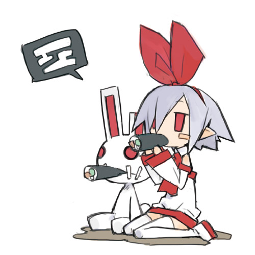 harada takehito, pleinair, usagi-san, nippon ichi, original, lowres, 1girl, blue hair, detached sleeves, female focus, food, hair ribbon, maki roll, makizushi, pointy ears, rabbit, red eyes, ribbon, short hair, solo, stuffed animal, stuffed rabbit, stuffed toy, sushi, thighhighs