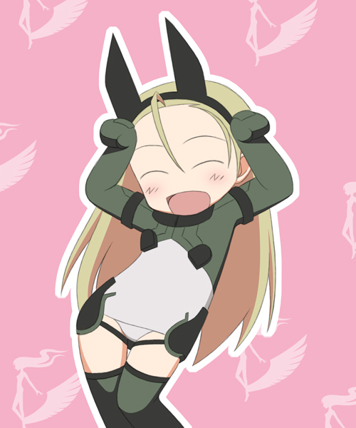 gaou (babel), elise von dietrich, popotan, sky girls, pilot suit, 1girl, :d, ^ ^, ahoge, animal ears, arms up, blonde hair, blush, caramelldansen, chibi, closed eyes, dancing, fake animal ears, female focus, flat chest, gloves, green thighhighs, hairband, happy, headgear, leaning, leotard, logo, long hair, mecha pilot suit, motion slit, motionslit, open mouth, outline, parody, pink background, silhouette, smile, solo, thigh gap, thighhighs, very long hair