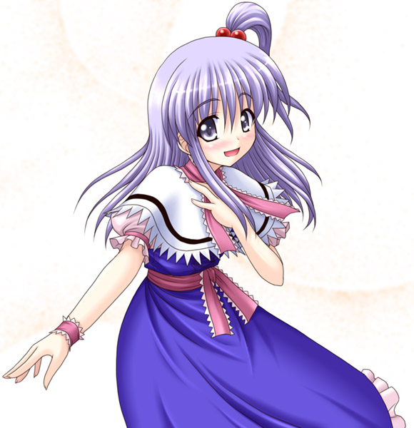 bococho, alice margatroid, shinki (touhou), mystic square, touhou, touhou (pc-98), 1girl, alice margatroid (cosplay), blue dress, cosplay, dress, female focus, gradient background, purple eyes, purple hair, solo, white background