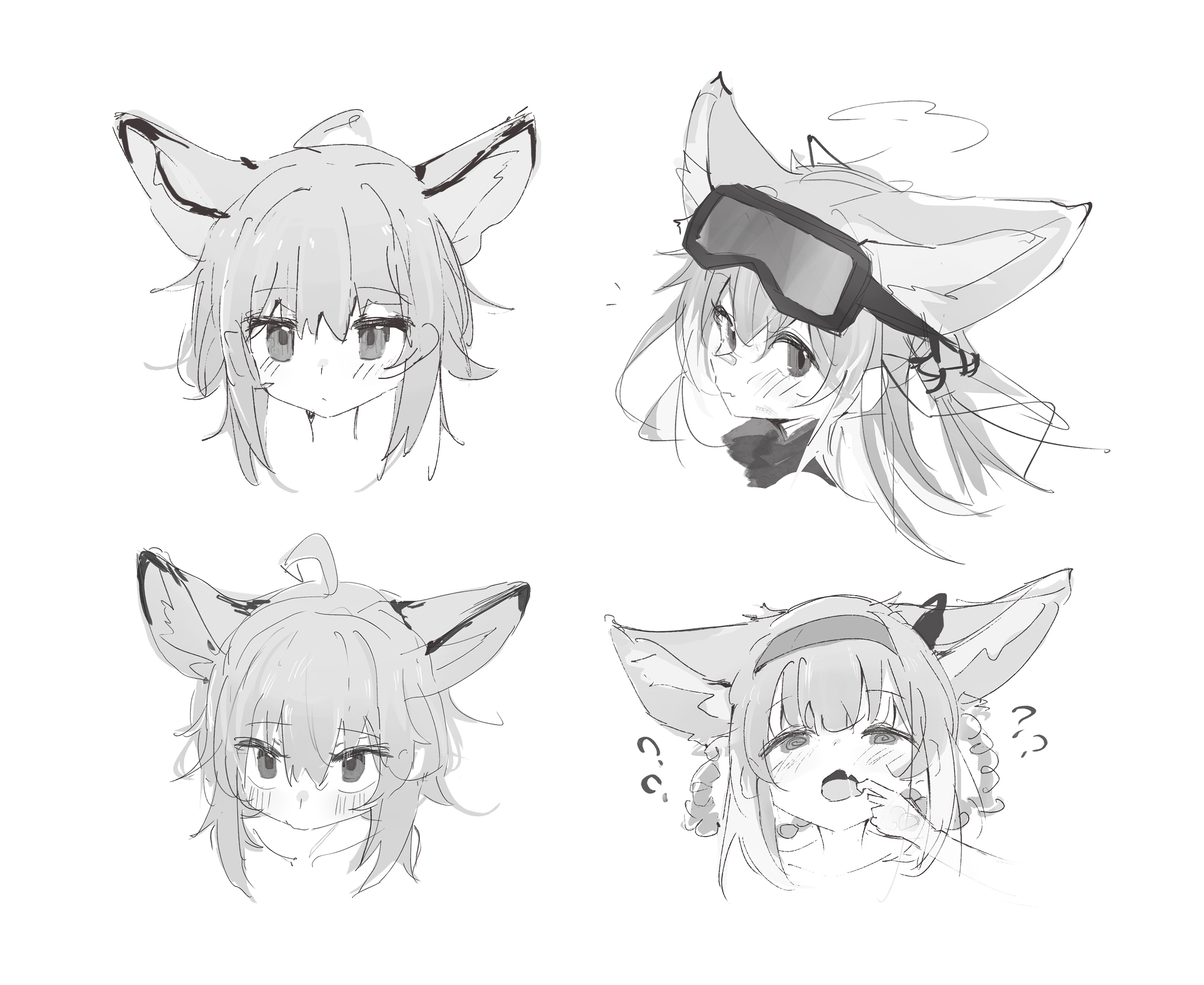 nalphanne, sussurro (arknights), suzuran (arknights), suzuran (lostlands flowering) (arknights), arknights, absurdres, commentary, highres, symbol-only commentary, 2girls, ?, ??, ahoge, animal ear fluff, animal ears, blush, braid, braided hair rings, closed mouth, cropped head, expressionless, fox ears, fox girl, goggles, goggles on head, hair rings, hairband, looking at viewer, medium hair, monochrome, multiple girls, official alternate costume, open mouth, simple background, white background