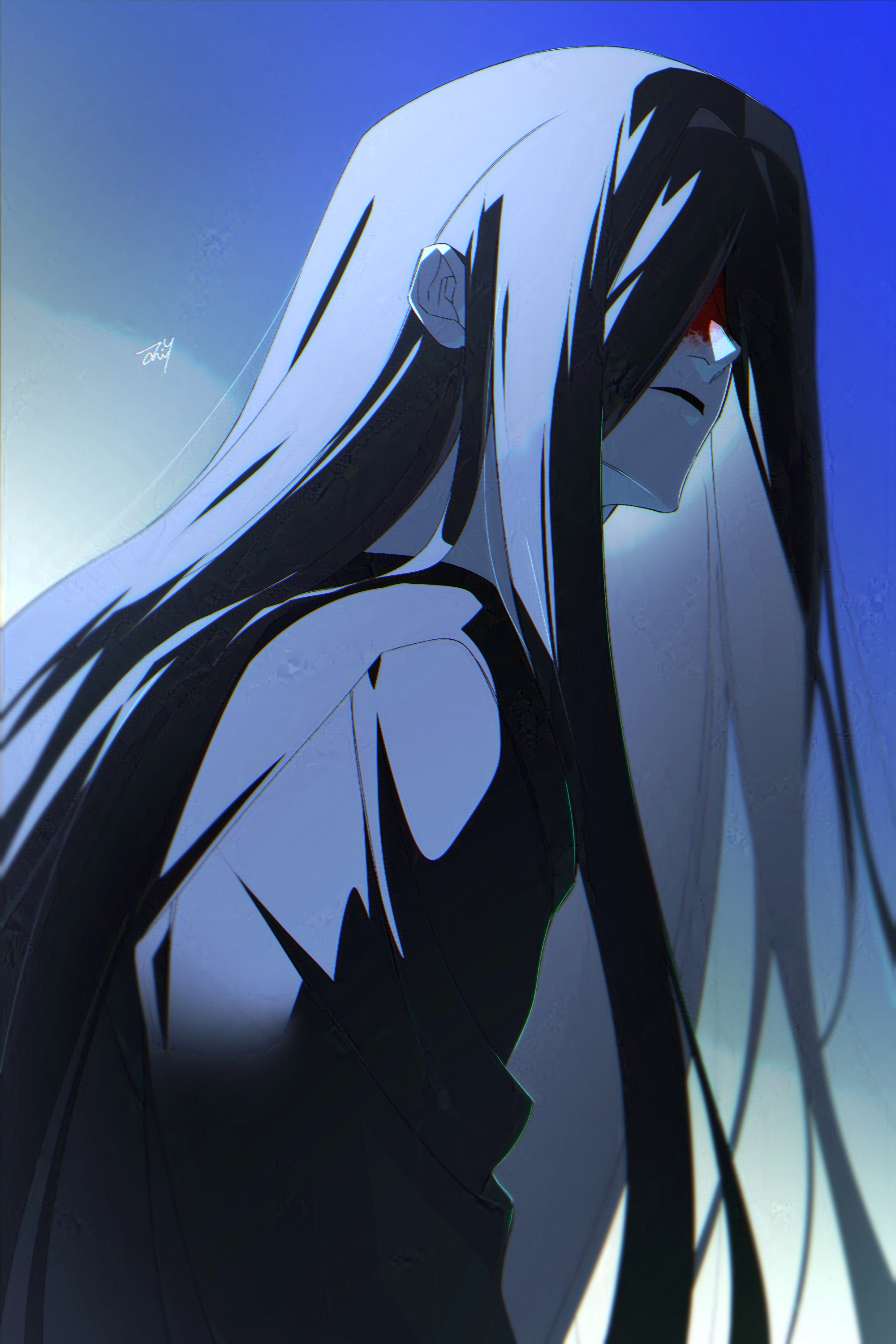 bbabbamis2, mr. crawling, homicipher, absurdres, highres, 1boy, black hair, black kimono, blood, blood on face, blue background, japanese clothes, kimono, long hair, male focus, solo, upper body, very long hair
