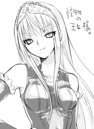kooriyama ichirou, koriyama shashi, hime (kaibutsu oujo), kaibutsu oujo, 00s, 1girl, breasts, center opening, detached sleeves, female focus, gem, greyscale, head tilt, long sleeves, looking at viewer, monochrome, navel, simple background, solo, stomach, tiara, upper body, white background