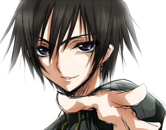 kooriyama ichirou, koriyama shashi, lelouch vi britannia, code geass, 00s, 1boy, black hair, foreshortening, hair between eyes, looking at viewer, male focus, outstretched arm, parted lips, purple eyes, school uniform, simple background, sketch, smile, solo, thick eyebrows, upper body, white background