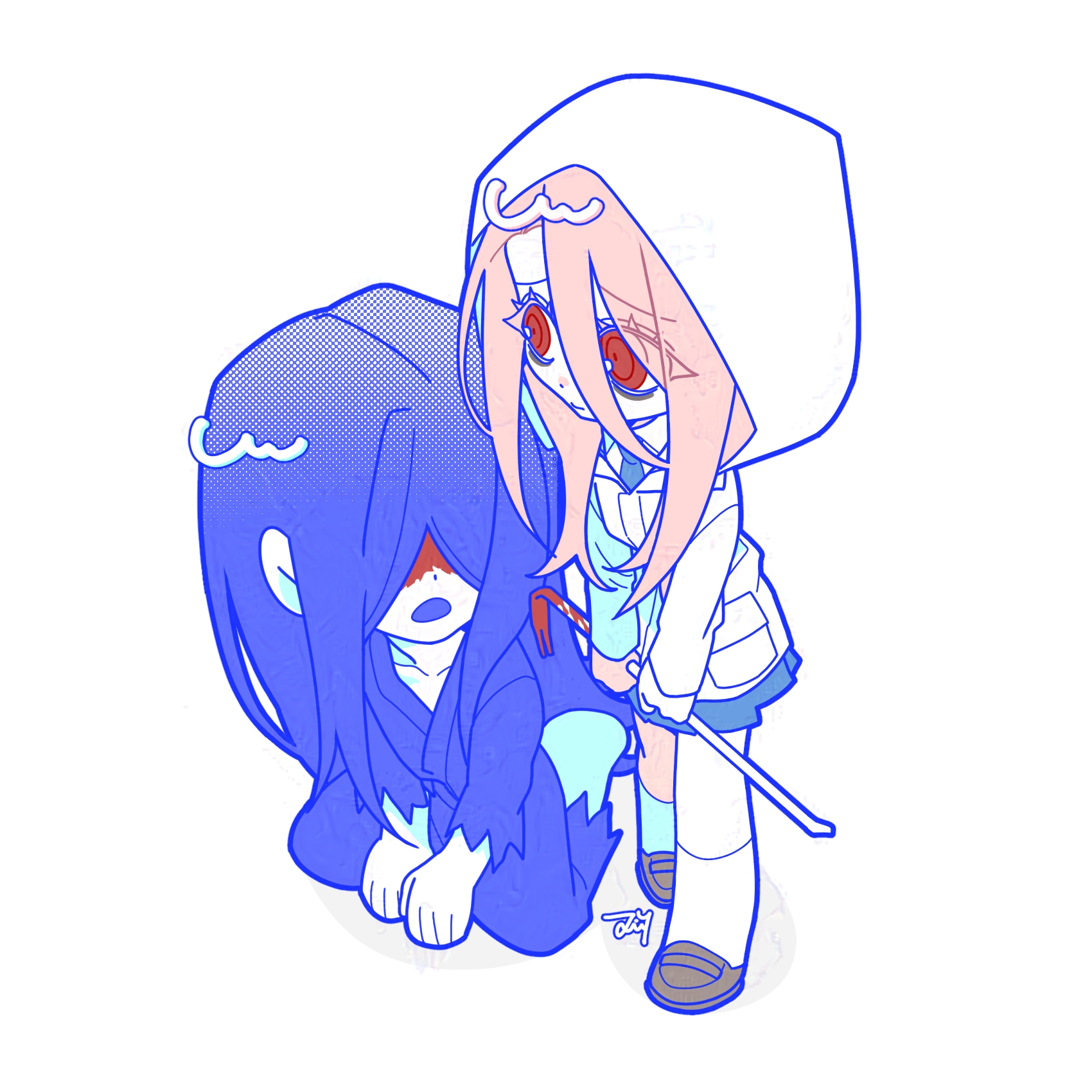 bbabbamis2, adashino adami, mr. crawling, homicipher, highres, 1boy, 1girl, blood, blood on face, blue hair, blue kimono, chibi, crowbar, holding, holding crowbar, hood, hood up, japanese clothes, kimono, long hair, pink hair, raincoat, red eyes, ringed eyes, simple background, skirt, white background, white raincoat