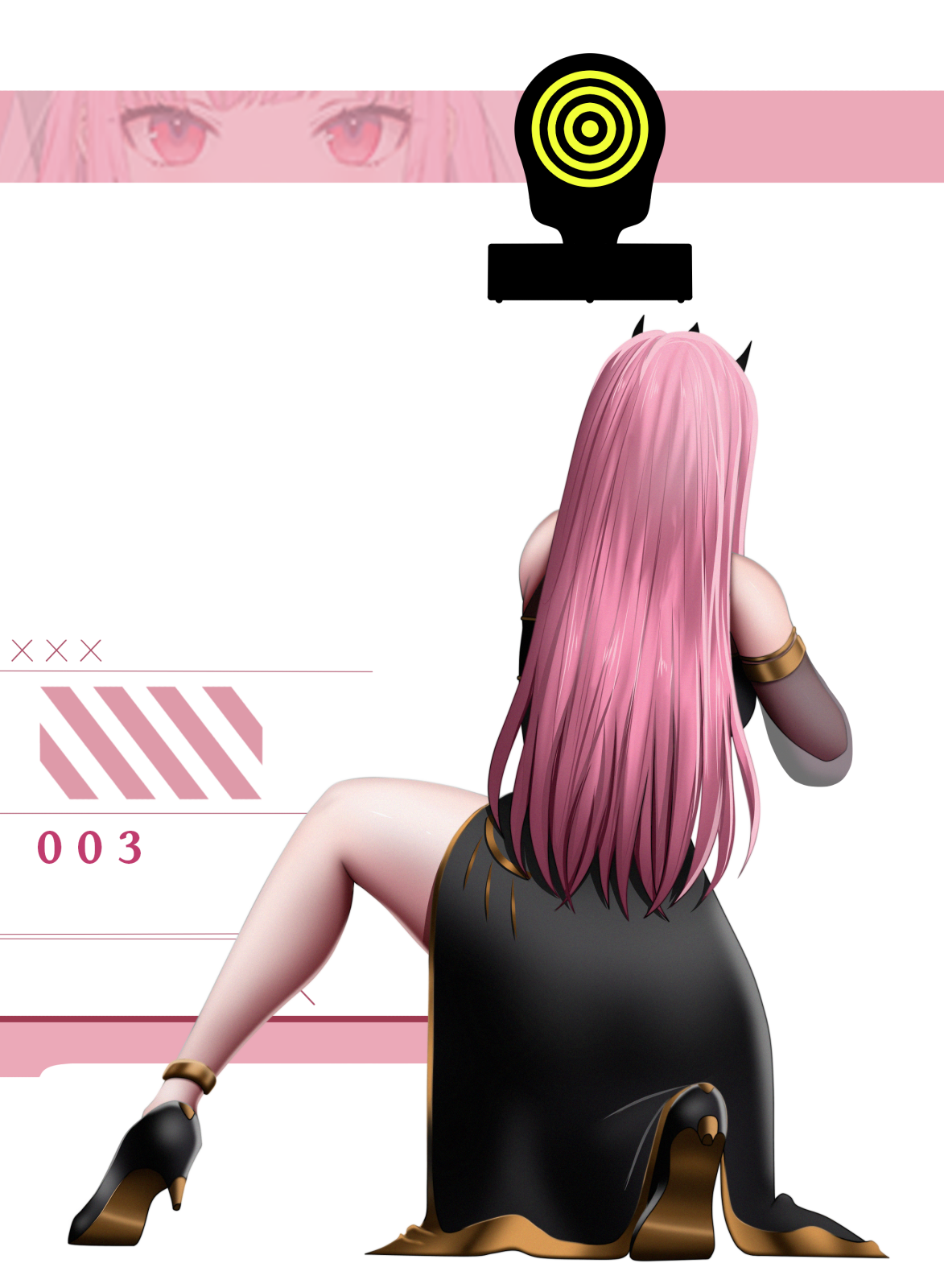 blackcapbandit, mori calliope, mori calliope (1st costume), goddess of victory: nikke, hololive, hololive english, highres, 1girl, black dress, black tiara, dress, from behind, high heels, kneeling, long hair, meme, nikke's shooting pose (meme), on one knee, pink hair, solo, target practice, tiara, virtual youtuber