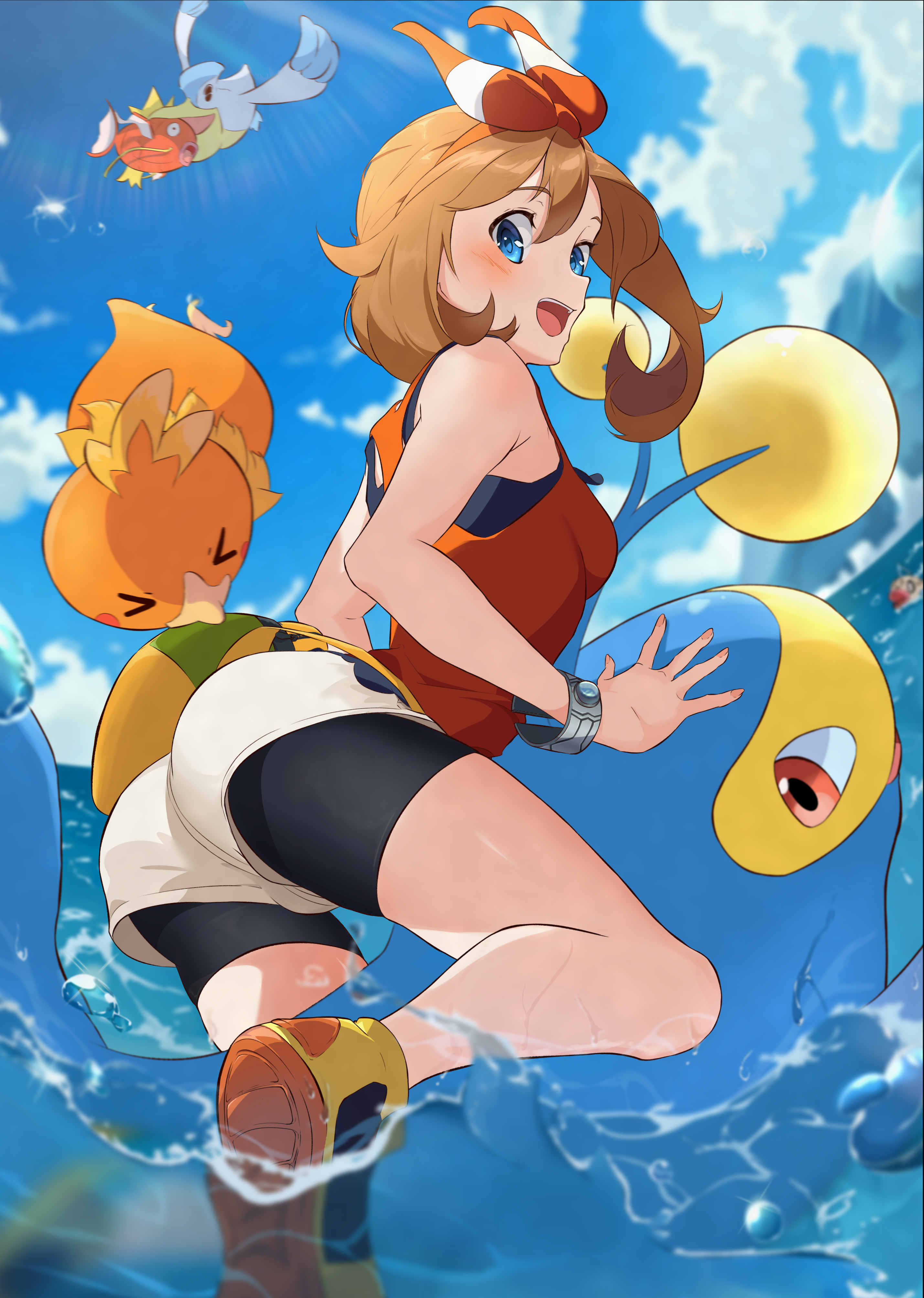 lanturn, magikarp, may (pokemon), pelipper, torchic, nintendo, pokemon, pokemon oras, absurdres, commentary request, highres, 1girl, :d, bike shorts, bike shorts under shorts, blue eyes, blush, bracelet, brown hair, cloud, day, gen 1 pokemon, gen 2 pokemon, gen 3 pokemon, jewelry, looking back, open mouth, outdoors, pokemon (creature), riding, riding pokemon, shirt, shoes, shorts, sky, sleeveless, sleeveless shirt, smile, suborofu, teeth, tongue, upper teeth only, water, yellow shoes
