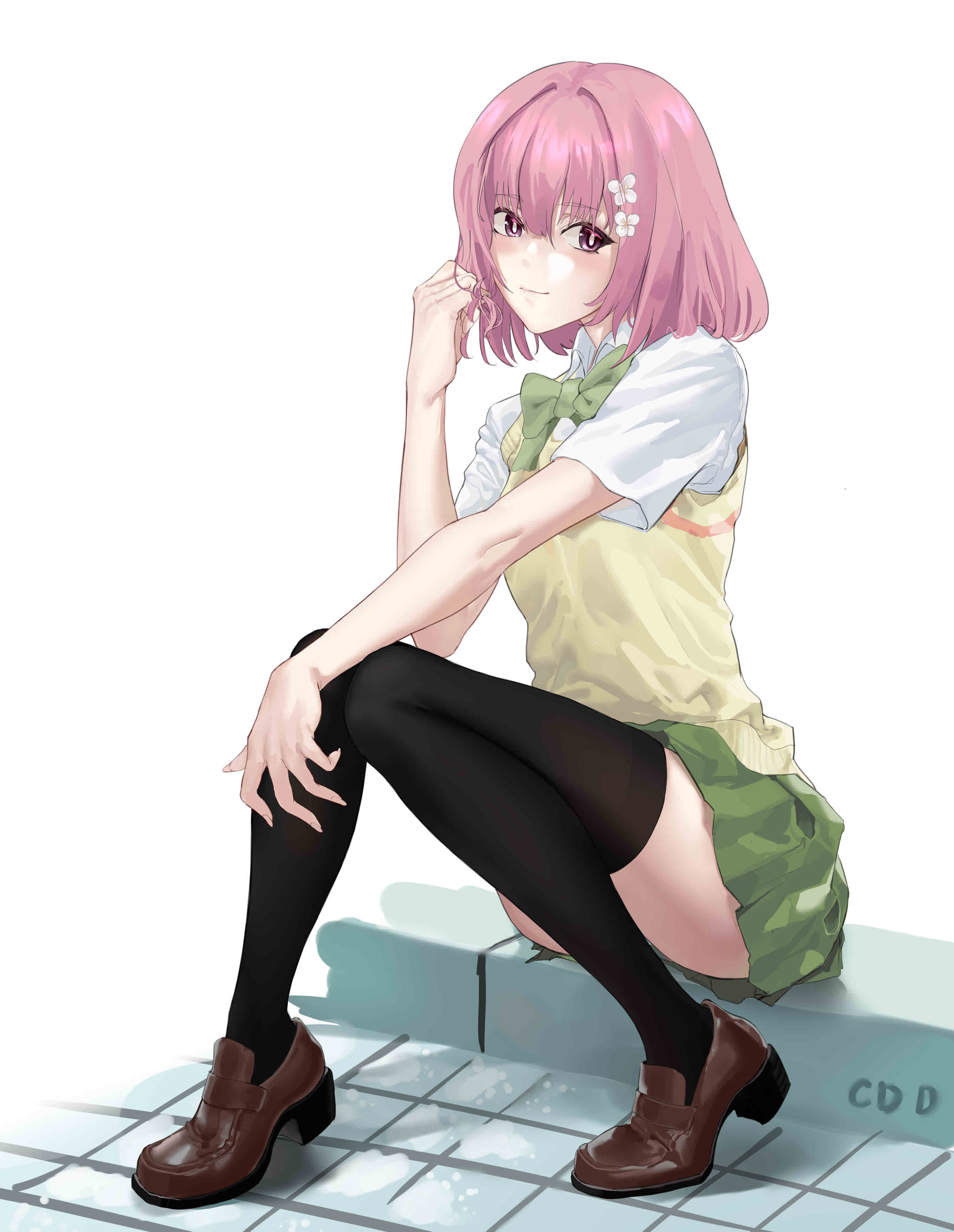 cou di di, momo velia deviluke, to love-ru, to love-ru darkness, absurdres, chinese commentary, commentary request, highres, 1girl, blush, bow, bowtie, bright pupils, brown shoes, closed mouth, collared shirt, convenient leg, flower, full body, green bow, green bowtie, green skirt, hair flower, hair intakes, hair ornament, hand on own knee, hand up, knees together feet apart, knees up, loafers, looking at viewer, medium hair, miniskirt, panties, pink hair, playing with own hair, pleated skirt, purple eyes, sainan high school uniform, school uniform, shirt, shoes, short sleeves, simple background, sitting, skirt, smile, solo, sweater vest, thighhighs, thighs, underwear, white background, white flower, white panties, white pupils, white shirt, yellow sweater vest, zettai ryouiki