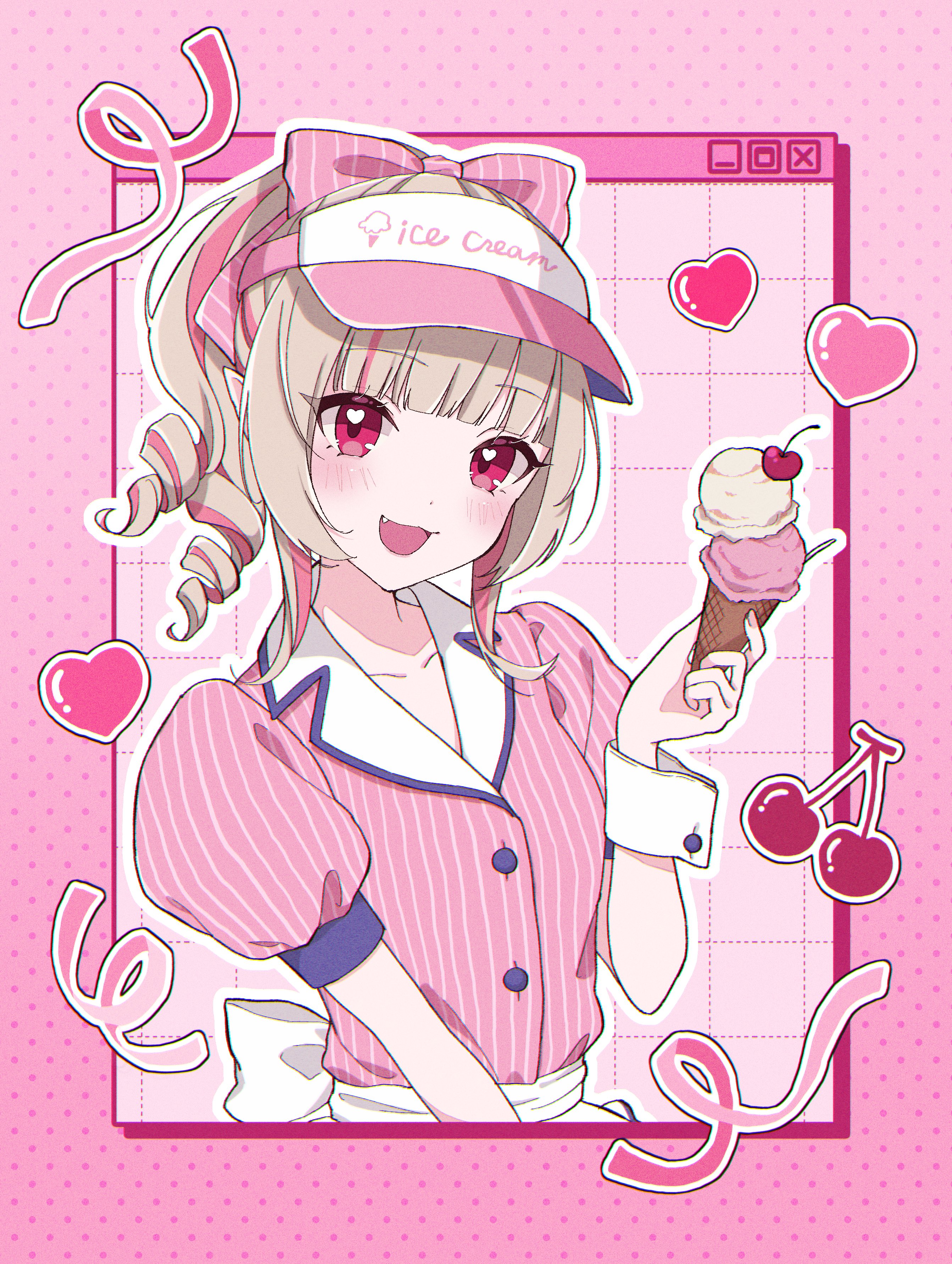 peropero umaa, makaino ririmu, nijisanji, absurdres, highres, 1girl, back bow, blue sleeve cuffs, blue trim, blunt bangs, blush, bow, breasts, cherry, collarbone, colored inner hair, drill hair, drill ponytail, fang, food, fruit, gradient background, grey hair, grid background, hair over shoulder, heart, heart in eye, holding, holding food, holding ice cream, holding ice cream cone, ice cream, ice cream cone, jacket, lapels, multicolored hair, multiple scoops, official alternate costume, official alternate hairstyle, open mouth, outline, pink background, pink bow, pink hair, pink jacket, pointy ears, polka dot, polka dot background, puffy short sleeves, puffy sleeves, red eyes, short sleeves, sidelocks, small breasts, smile, solo, streaked hair, striped bow, striped clothes, striped jacket, symbol in eye, upper body, vertical-striped bow, vertical-striped clothes, vertical-striped jacket, virtual youtuber, visor cap, waitress, white bow, white outline, white wrist cuffs, window (computing), wrist cuffs