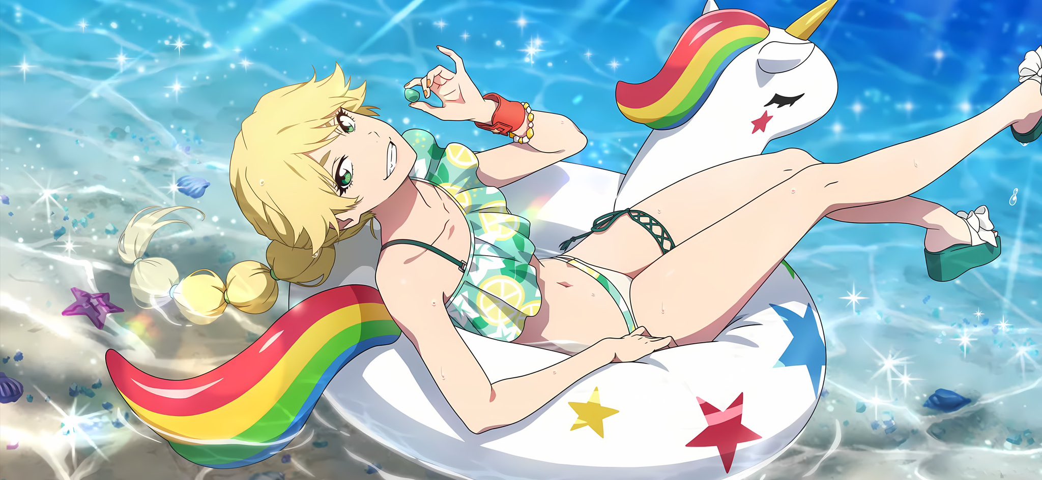 ninny spangcole, bleach, bleach: brave souls, burn the witch, official art, second-party source, 1girl, bare shoulders, beach, bikini, blonde hair, bracelet, braid, braided ponytail, collarbone, female focus, flat chest, green eyes, holding, jewelry, legs, navel, ocean, official alternate costume, sandles, sitting, starfish, swim ring, swimsuit, teeth, thigh strap, water