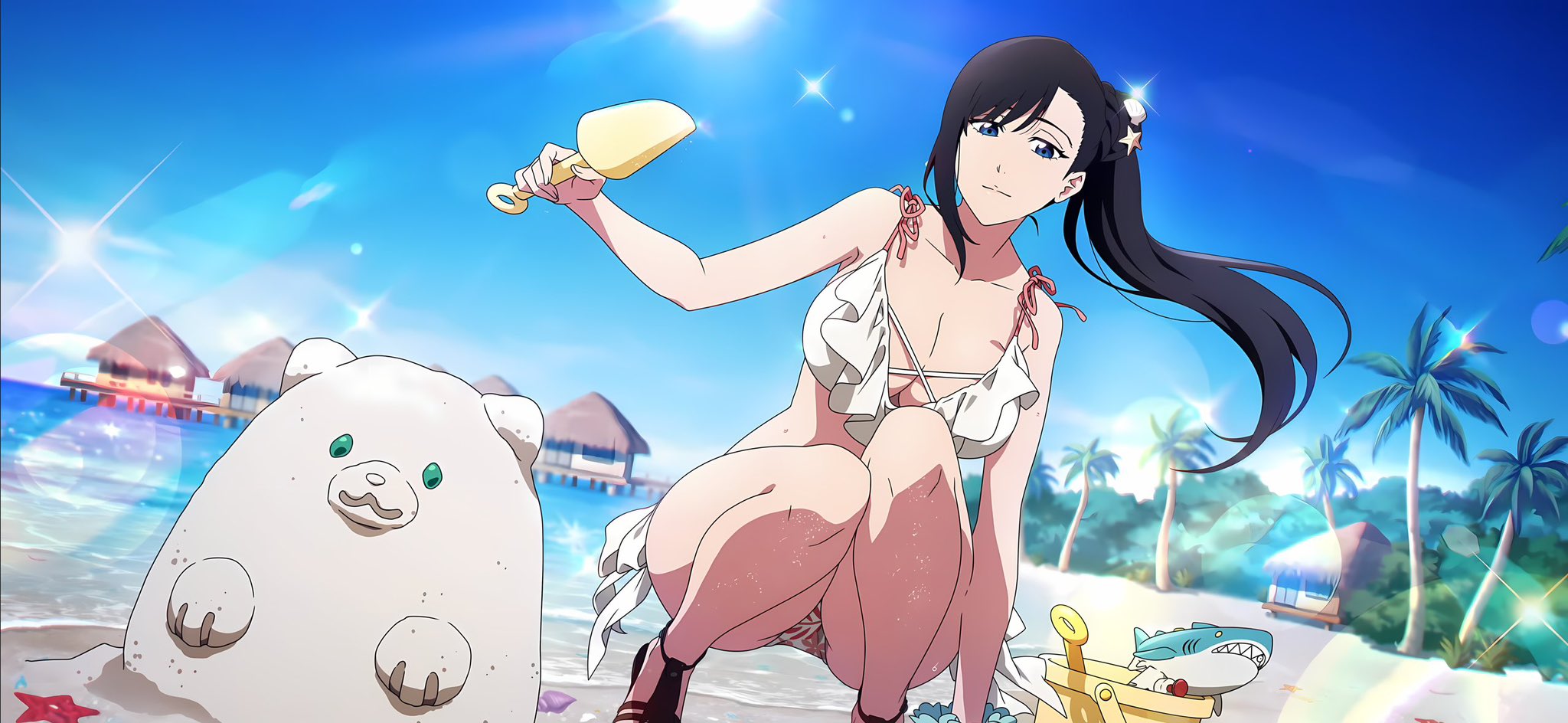 niihashi noel, bleach, bleach: brave souls, burn the witch, official art, second-party source, 1girl, bare shoulders, beach, bikini, black hair, blue eyes, breasts, bucket, collarbone, female focus, large breasts, long hair, ocean, official alternate costume, palm leaf, palm tree, ponytail, sand, sand sculpture, string bikini, sunlight, swimsuit, toy, tree, water, wide hips