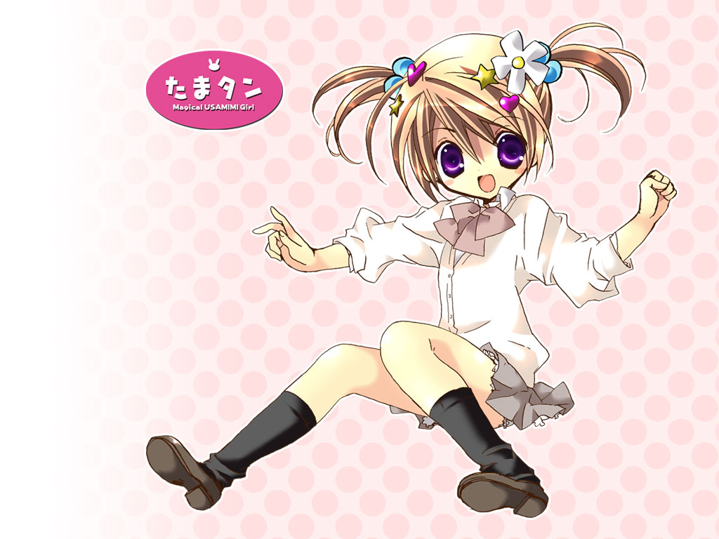 koge donbo, tama-tan, doki doki! tama-tan, magical usamimi girl, bad id, bad pixiv id, 1girl, :d, animal ears, blonde hair, blush, brown hair, earrings, female focus, flower, full body, gradient background, hair bobbles, hair flower, hair ornament, hairclip, heart, heart hair ornament, jewelry, looking at viewer, open mouth, polka dot, polka dot background, purple eyes, rabbit ears, short twintails, smile, socks, solo, star (symbol), star hair ornament, twintails, wand