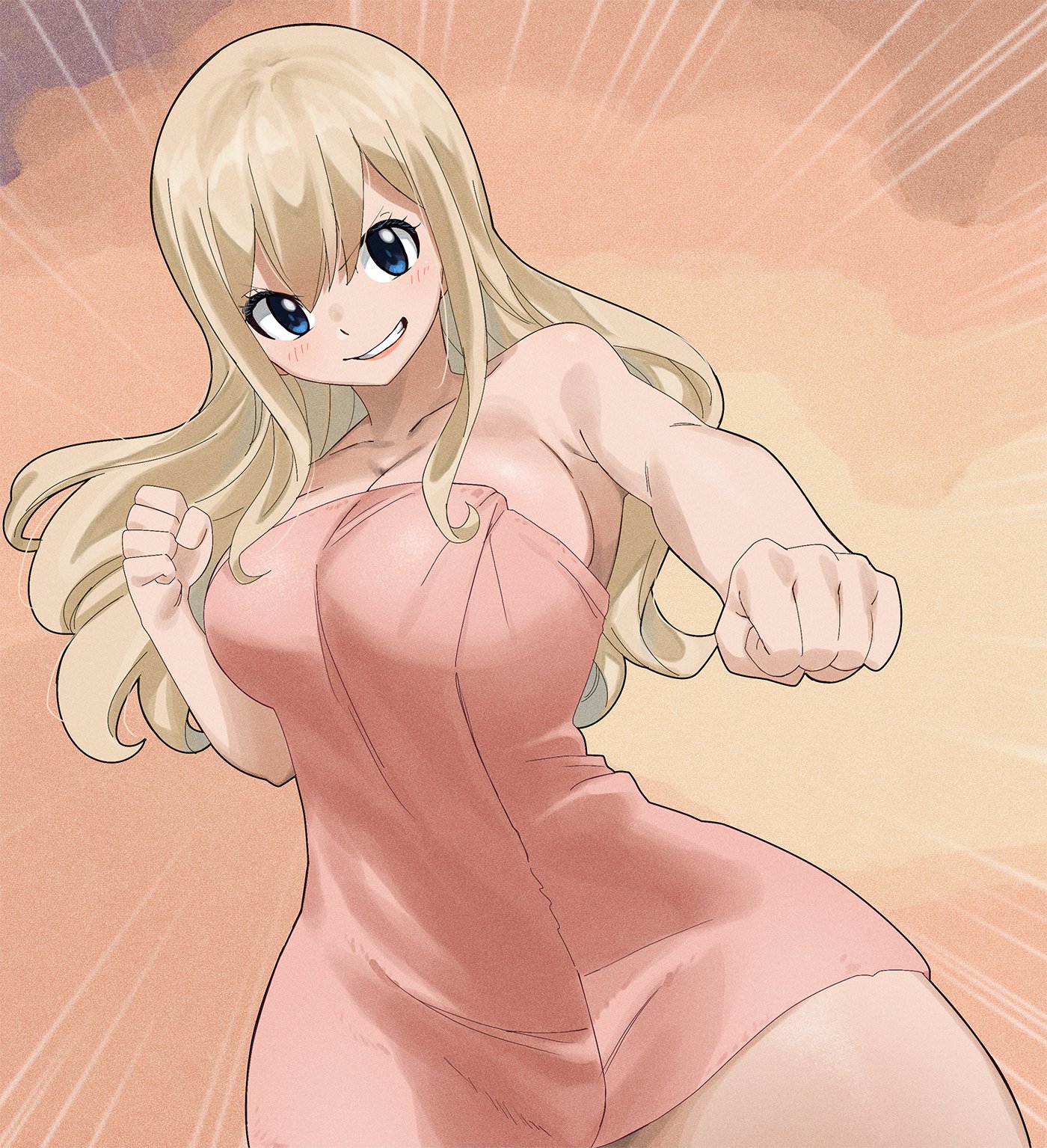 gaston18, rebecca bluegarden, eden's zero, 1girl, bare shoulders, blonde hair, blue eyes, breasts, cleavage, collarbone, large breasts, long hair, smile, solo, towel