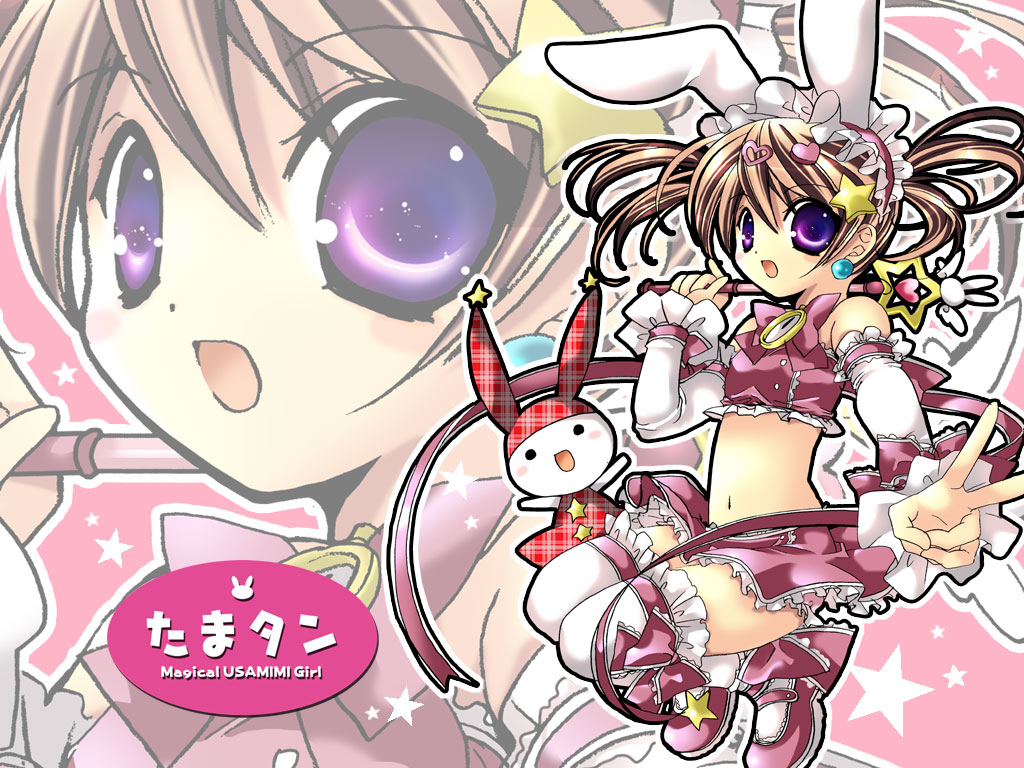 koge donbo, tama-tan, doki doki! tama-tan, magical usamimi girl, 1girl, animal ears, brown hair, earrings, female focus, hair ornament, hairclip, jewelry, magical girl, purple eyes, rabbit ears, solo, thighhighs, twintails, wand, zettai ryouiki