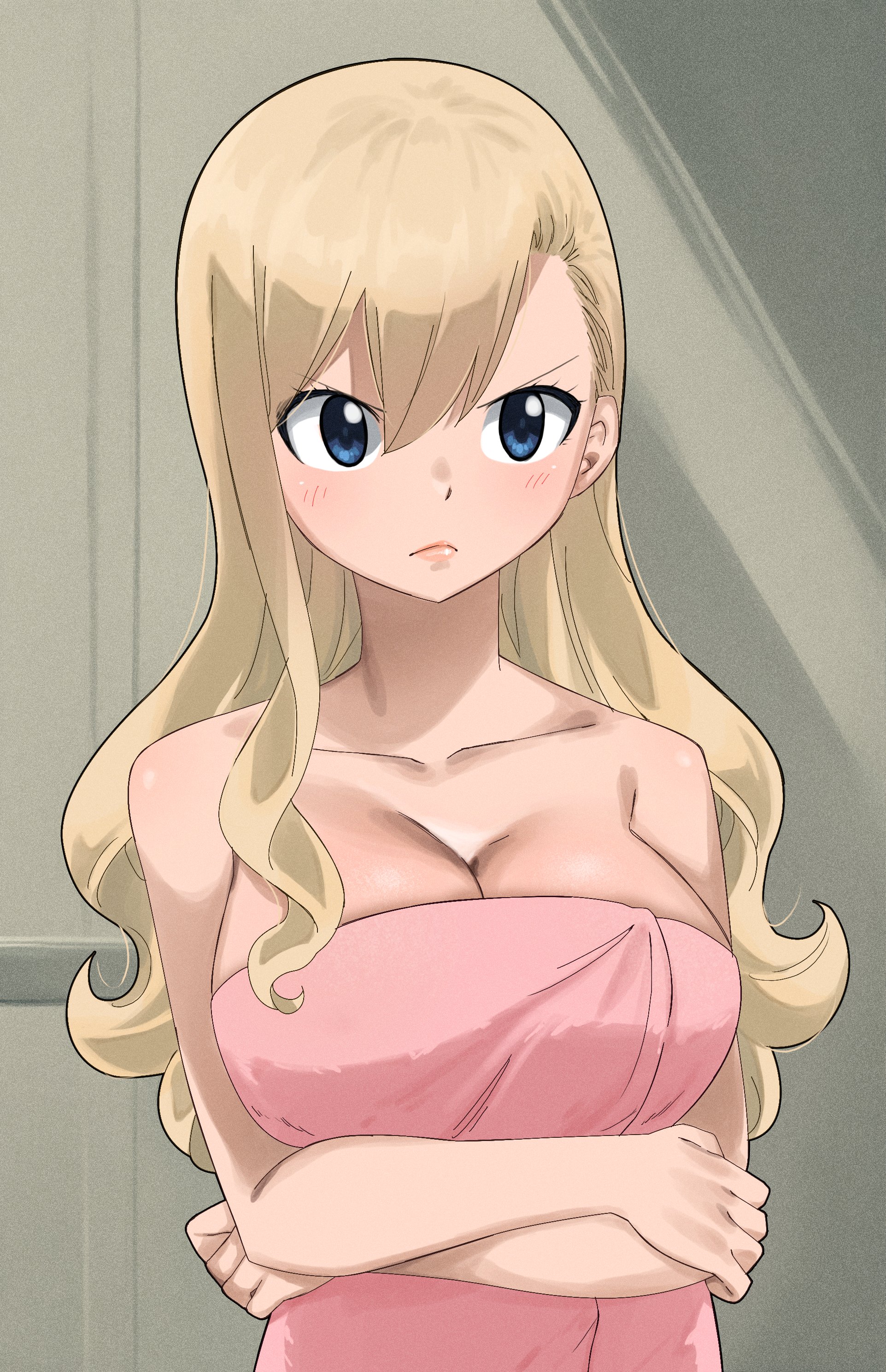 gaston18, rebecca bluegarden, eden's zero, 1girl, arms under breasts, bare shoulders, blonde hair, blue eyes, breasts, cleavage, collarbone, large breasts, long hair, solo, towel