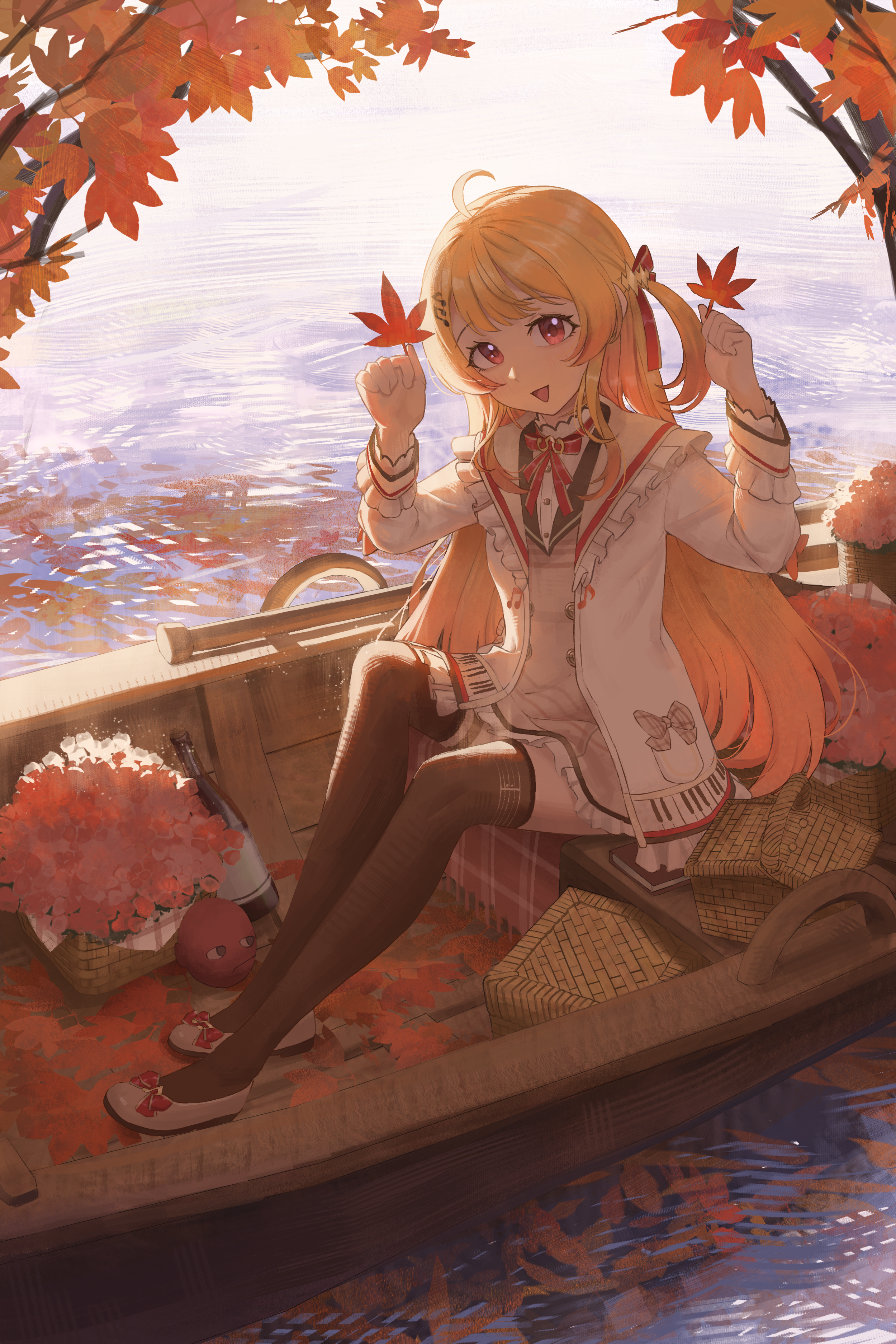 jesslapt, otonose kanade, otonose kanade (1st costume), hololive, absurdres, highres, 1girl, ahoge, autumn, autumn leaves, basket, black thighhighs, blonde hair, blush, boat, bottle, bow, dress, fortissimo, frilled jacket, frills, gradient hair, hair ornament, hair ribbon, jacket, leaf, long hair, long sleeves, looking at viewer, multicolored hair, musical note, musical note hair ornament, one side up, open mouth, outdoors, piano print, red eyes, red ribbon, ribbon, river, shirt, shoes, sitting, smile, solo, thighhighs, very long hair, virtual youtuber, watercraft, white jacket, white shirt, white shoes