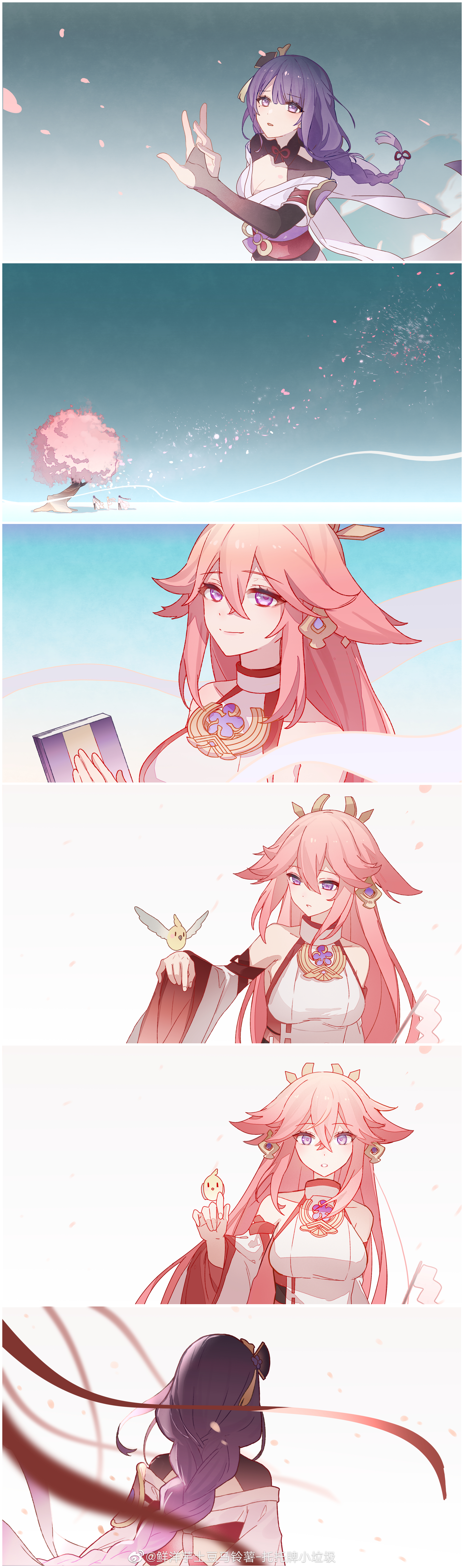 xianyangyutoumalingshu, lumine (genshin impact), raiden shogun, yae miko, genshin impact, absurdres, highres, spoilers, 4girls, animal ear piercing, animal ears, aqua background, arm up, armor, asymmetrical sleeves, back, back bow, bare shoulders, bird, bird on hand, blonde hair, blunt bangs, bow, braid, breasts, bridal gauntlets, cherry blossoms, cleavage, close-up, closed mouth, clothing cutout, collarbone, couple, detached sleeves, dress, dual persona, falling petals, fan hair ornament, fox ears, fox girl, friends, from above, from behind, from side, gradient hair, hair between eyes, hair flowing over, hair ornament, hair ribbon, headpiece, japanese clothes, jewelry, kimono, large breasts, light blush, long braid, long hair, long sleeves, looking at animal, looking at viewer, looking down, looking to the side, looking up, mole, mole under eye, multicolored hair, multiple girls, neck ribbon, open mouth, parted lips, pendant, petals, pink hair, pink petals, purple eyes, purple hair, purple kimono, reaching, red ribbon, red sash, ribbon, sash, shade, shadow, short hair, shoulder armor, shoulder cutout, single braid, sleeveless, smoke, smoke trail, standing, tree, uneven sleeves, upper body, wide-eyed, wide sleeves, yuri