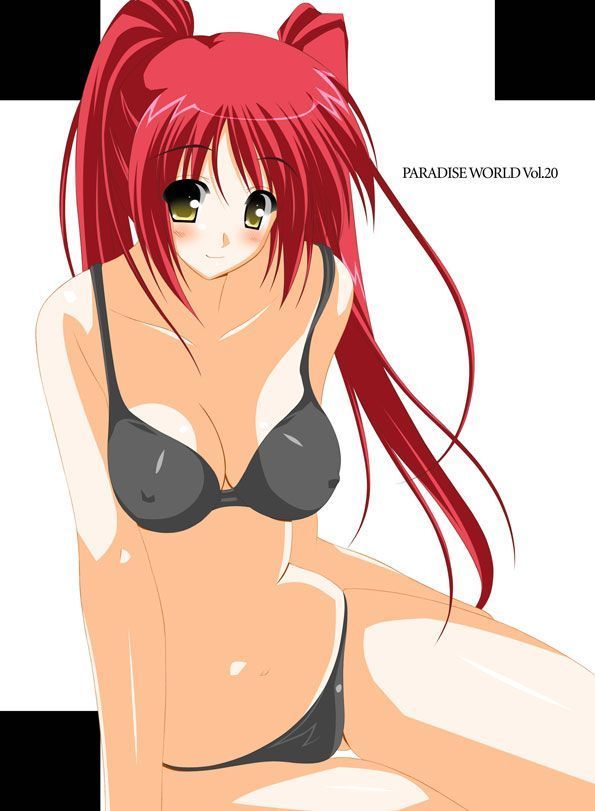 kousaka tamaki, to heart (series), to heart 2, 00s, 1girl, bikini, blush, bra, female focus, grey bikini, lingerie, panties, red hair, solo, swimsuit, underwear, underwear only