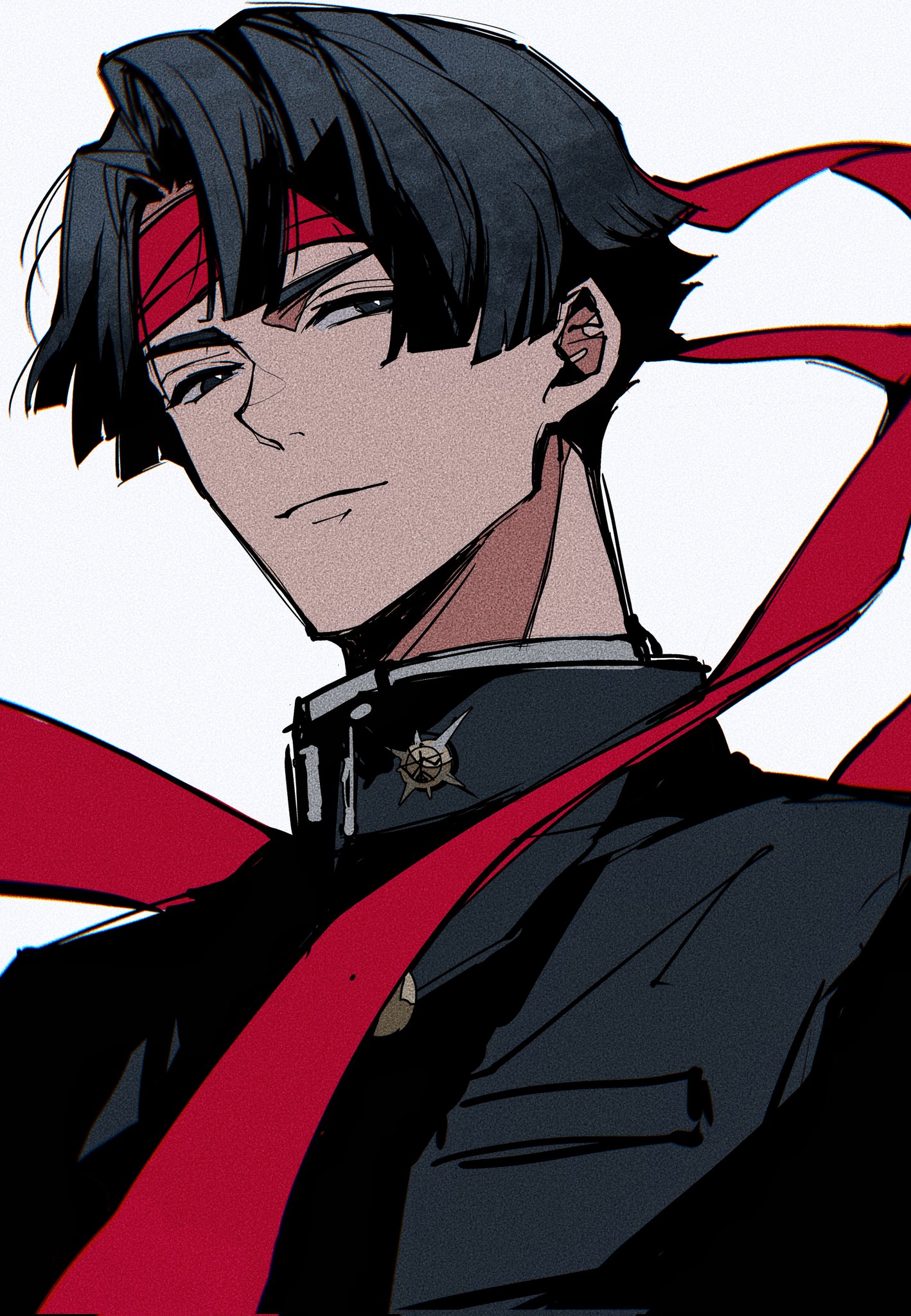 c138300, kazuma asogi, ace attorney, the great ace attorney, highres, 1boy, black hair, black jacket, brown eyes, closed mouth, collared jacket, curtained hair, gakuran, jacket, looking to the side, male focus, popped collar, portrait, school uniform, short hair, sideways glance, simple background, solo, white background