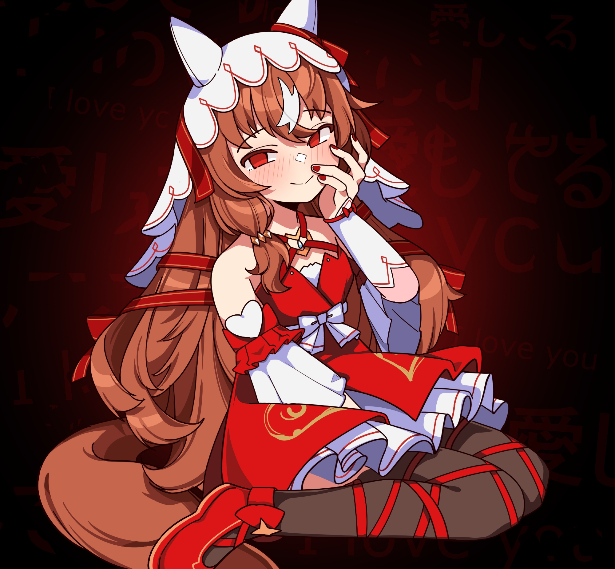 nyawurin, still in love (umamusume), umamusume, highres, 1girl, animal ears, dress, hand on own cheek, hand on own face, horse ears, horse girl, horse tail, leg ribbon, looking at viewer, multicolored hair, multiple hair ribbons, red dress, red eyes, red nails, red ribbon, ribbon, solo, streaked hair, tail, veil, yandere, yandere trance
