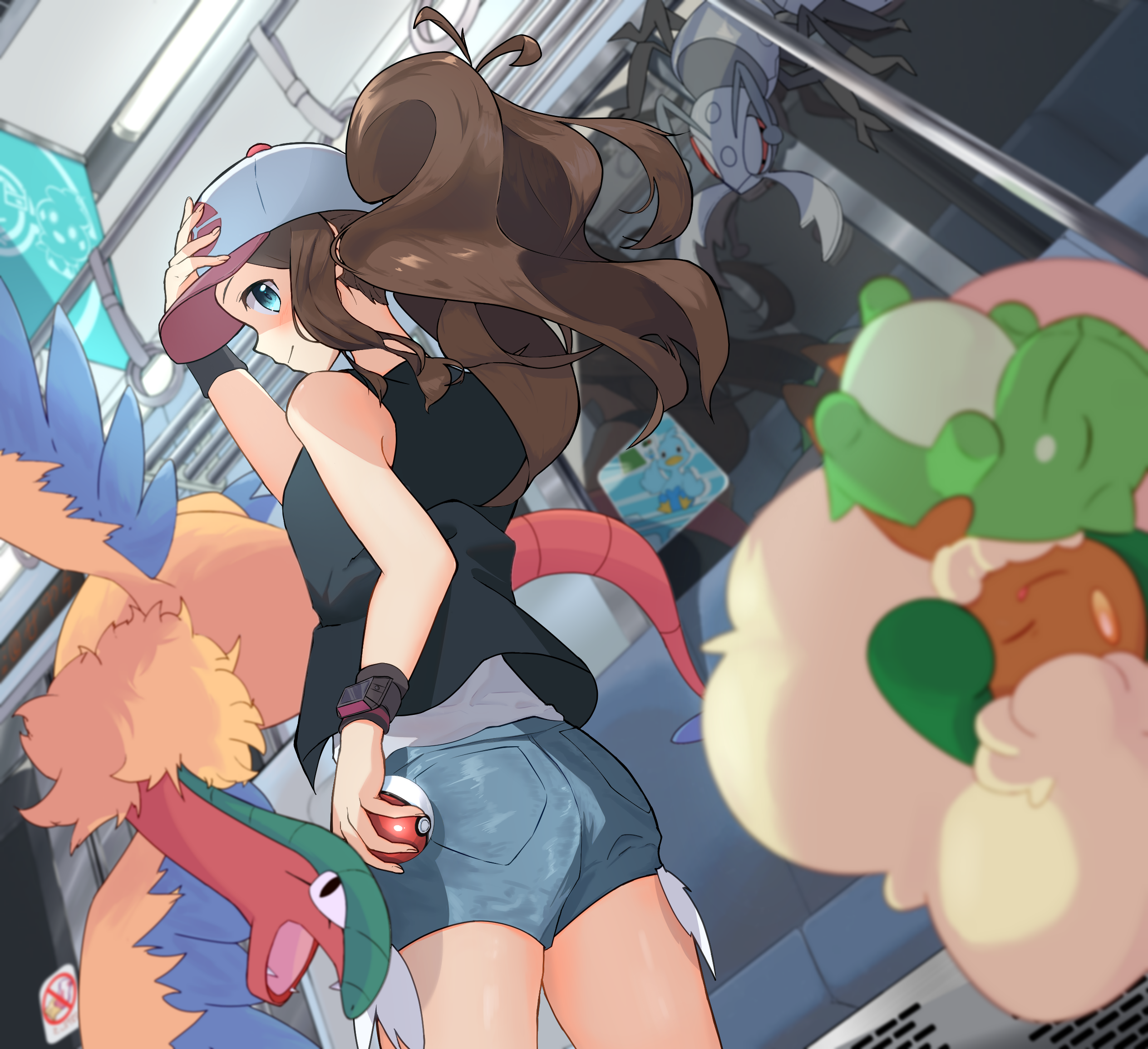archeops, ducklett, durant, hilda (pokemon), whimsicott, nintendo, pokemon, pokemon bw, commentary, highres, 1girl, arm up, black vest, blue eyes, brown hair, character print, closed mouth, exposed pocket, gen 5 pokemon, hat, high ponytail, holding, holding poke ball, long hair, poke ball, poke ball (basic), pokemon (creature), ponytail, shirt, shorts, sidelocks, smile, suborofu, substitute (pokemon), train interior, vest, xtransceiver