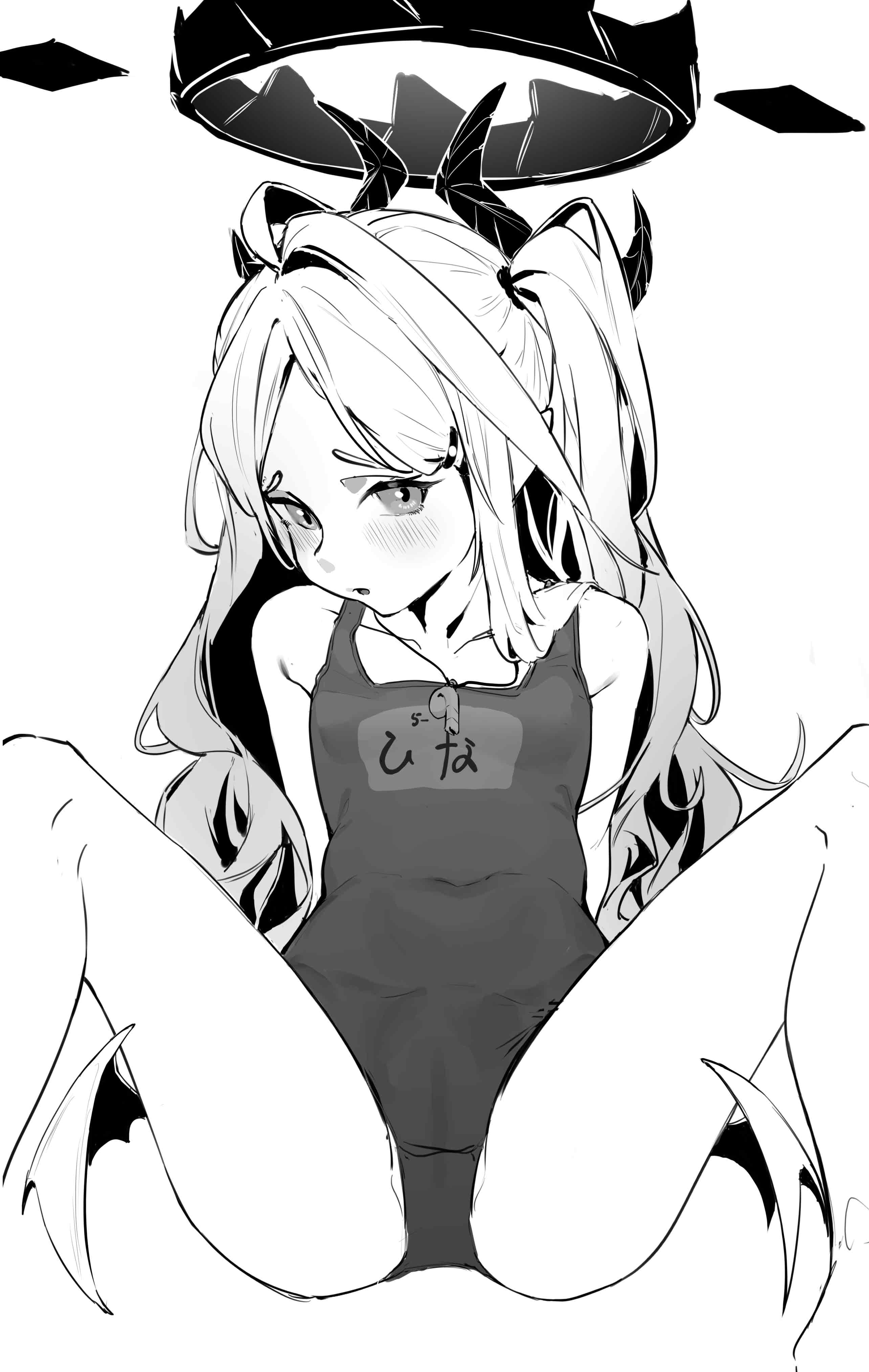 cou di di, hina (blue archive), hina (swimsuit) (blue archive), blue archive, absurdres, chinese commentary, commentary, highres, 1girl, ahoge, arms behind back, bare shoulders, black halo, blush, character name, collarbone, covered navel, demon girl, demon horns, demon wings, feet out of frame, greyscale, hair intakes, hair ornament, hair over shoulder, hairclip, halo, horns, long hair, looking at viewer, low wings, m legs, monochrome, multiple horns, official alternate costume, one side up, open mouth, parted bangs, school swimsuit, shy, sidelocks, simple background, sketch, solo, spread legs, swimsuit, very long hair, whistle, whistle around neck, white background, wings