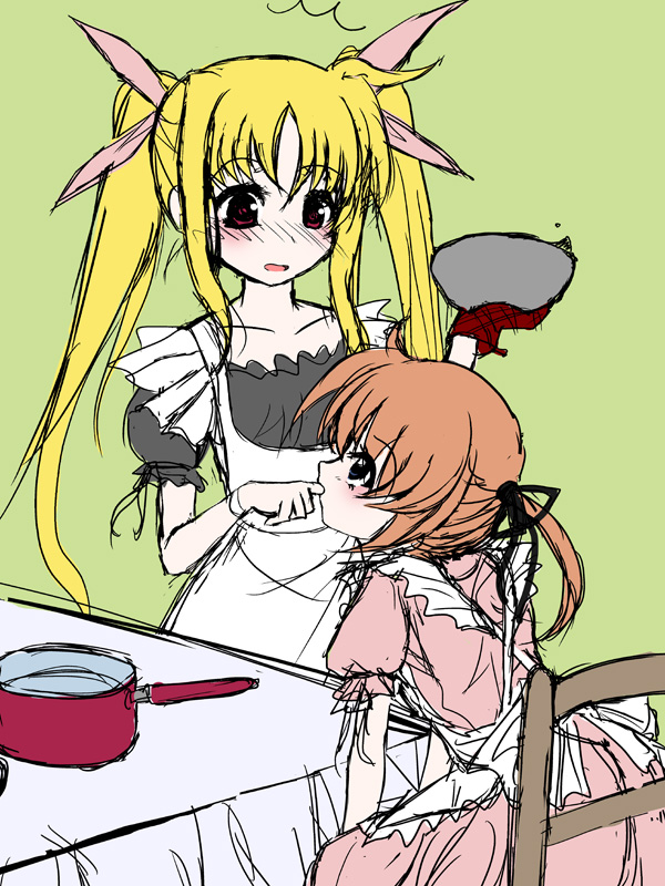 frapowa, fate testarossa, takamachi nanoha, lyrical nanoha, mahou shoujo lyrical nanoha, unfinished, 00s, 2girls, :o, ^^^, black dress, blonde hair, blush, brown hair, chair, cooking pot, dress, green background, holding, long hair, multiple girls, open mouth, pink dress, puffy short sleeves, puffy sleeves, red hair, short hair, short sleeves, simple background, sitting, sketch, surprised, table, tasting, twintails, very long hair, yuri