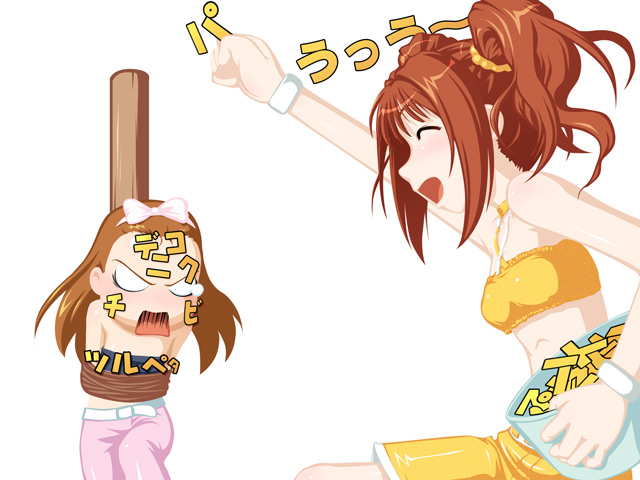 caryo, takeda yukimura, minase iori, takatsuki yayoi, idolmaster, idolmaster (classic), idolmaster 1, translated, >:o, 00s, 2girls, ^ ^, angry, arms behind back, bare arms, bare shoulders, bdsm, belt, blush, bondage, bound, bow, breasts, brown hair, closed eyes, cool & sexy (idolmaster), cowboy shot, flat chest, hair bow, humiliation, long hair, midriff, multiple girls, open mouth, pants, pink bow, pink pants, pole, restrained, rope, sidelocks, simple background, small breasts, smile, standing, stationary restraints, swimsuit, tied to stake, twintails, white background, white belt