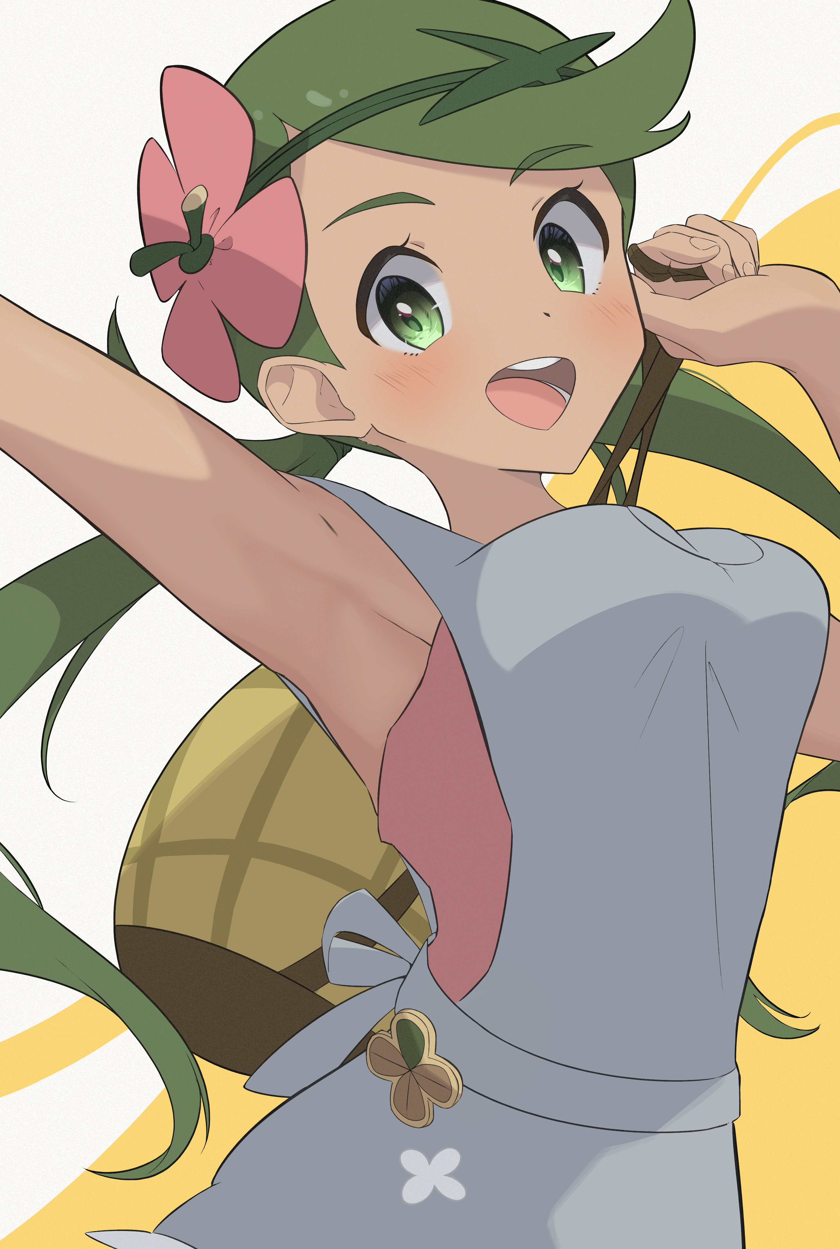 mallow (pokemon), nintendo, pokemon, pokemon sm, absurdres, commentary request, highres, 1girl, :d, armpits, bag, flower, green eyes, green hair, green headband, grey overalls, hair flower, hair ornament, hand up, happy, headband, holding, long hair, looking at viewer, open mouth, overalls, pink flower, pink shirt, shirt, sleeveless, sleeveless shirt, smile, solo, suborofu, swept bangs, teeth, tongue, twintails