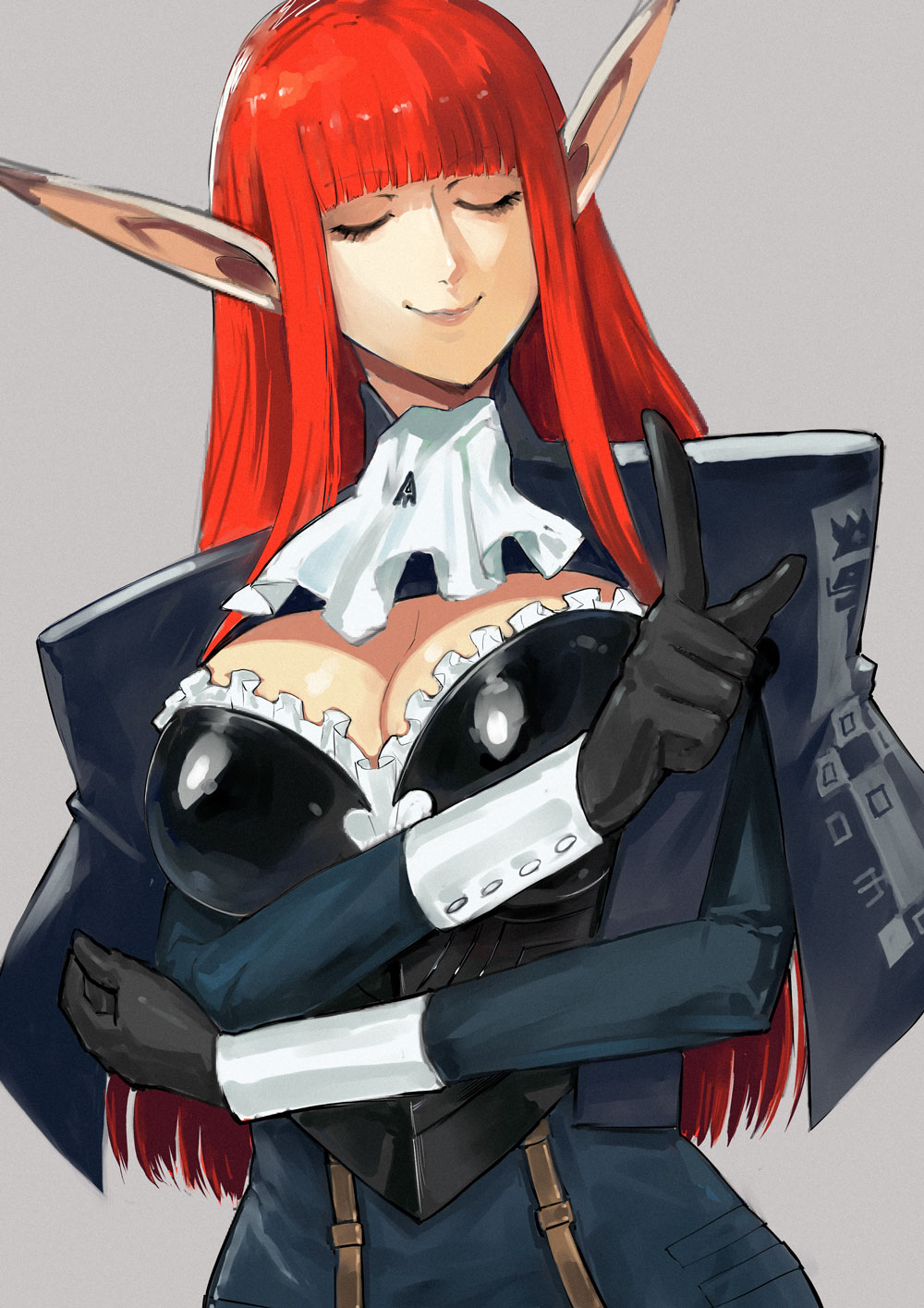 ippo, hulkenberg (metaphor: refantazio), metaphor: refantazio, commentary request, highres, 1girl, alternate breast size (larger), armor, ascot, black armor, black gloves, breastplate, breasts, closed mouth, gloves, grey background, large breasts, pointy ears, red hair, simple background, smile, solo, suspenders, white ascot