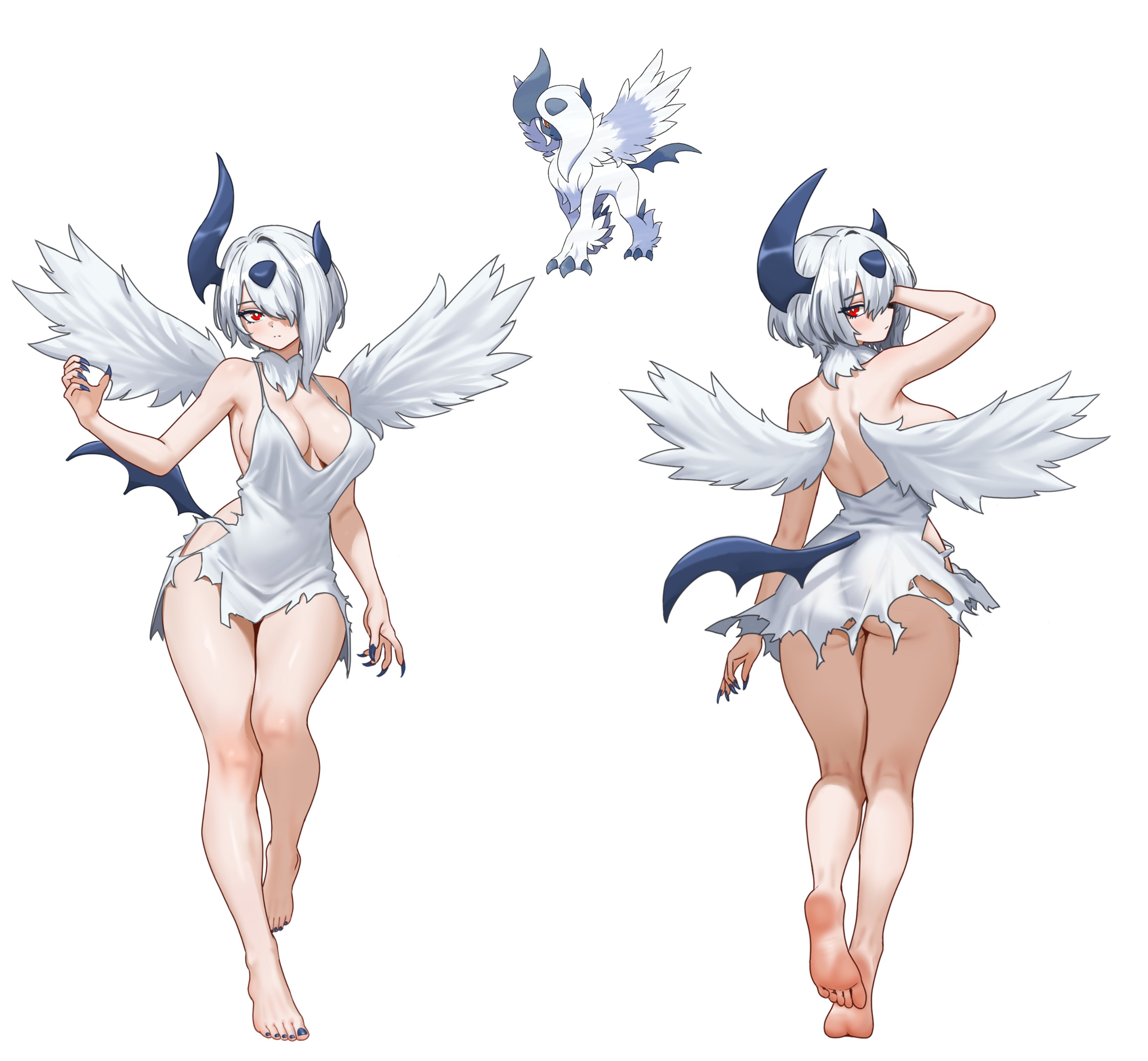nihu, absol, mega absol, nintendo, pokemon, absurdres, commentary, english commentary, highres, 1girl, ass, ass peek, asymmetrical horns, back, backless dress, backless outfit, bare shoulders, barefoot, black horns, black nails, black tail, breasts, claws, cleavage, dress, feathered wings, fingernails, from behind, full body, gen 3 pokemon, hair over one eye, horns, large breasts, long fingernails, looking at viewer, looking back, median furrow, medium hair, mega pokemon, multiple views, neck fur, personification, pokemon (creature), red eyes, sharp fingernails, shirt, simple background, single hair intake, sleeveless, sleeveless dress, soles, standing, standing on one leg, torn clothes, white background, white dress, white fur, white hair, white shirt, wings