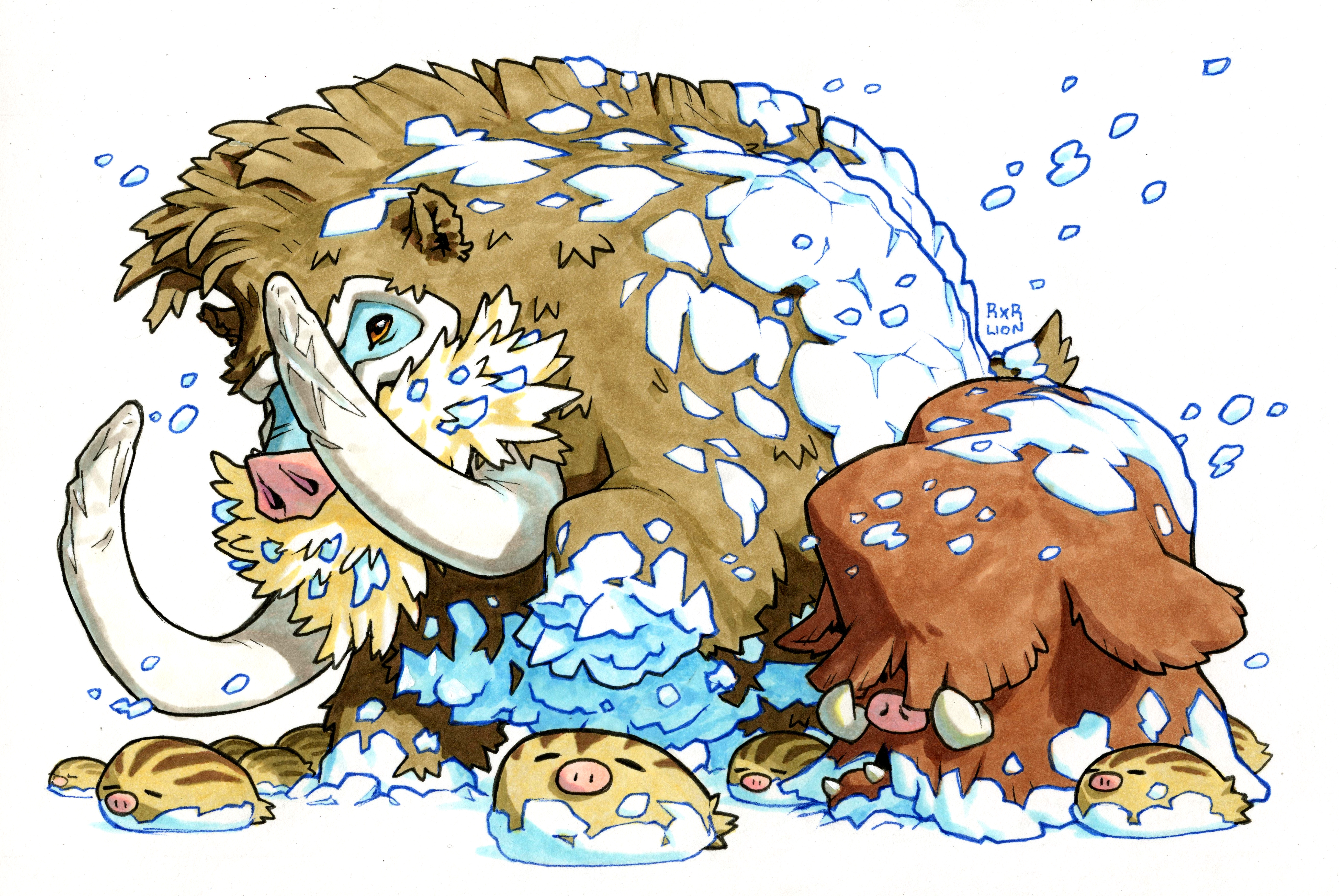 railroadlion, mamoswine, piloswine, swinub, nintendo, pokemon, absurdres, highres, artist name, brown eyes, evolutionary line, gen 2 pokemon, gen 4 pokemon, hair over eyes, no humans, outdoors, pokemon (creature), snow, snowing, tusks
