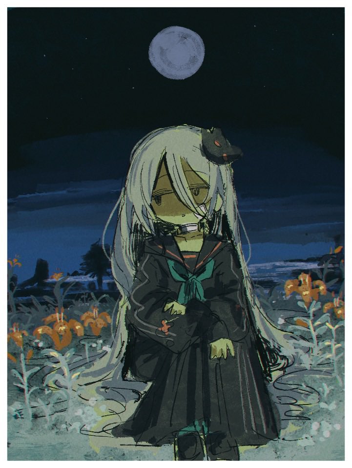 moosu, denonbu, 1girl, abeno-shakuji-maya, bandage on face, bandaged neck, bandages, black sailor collar, black serafuku, black shoes, bow, cityscape, flower, fox mask, full moon, grass, green bow, grey hair, hair between eyes, hand on own arm, long hair, long hair between eyes, long skirt, long sleeves, looking to the side, mask, moon, moonlight, neckerchief, night, night sky, on grass, open mouth, outdoors, sailor collar, scenery, school uniform, serafuku, shadow, shoes, sitting, skirt, sky, solo, star (sky), starry sky, tree, very long hair