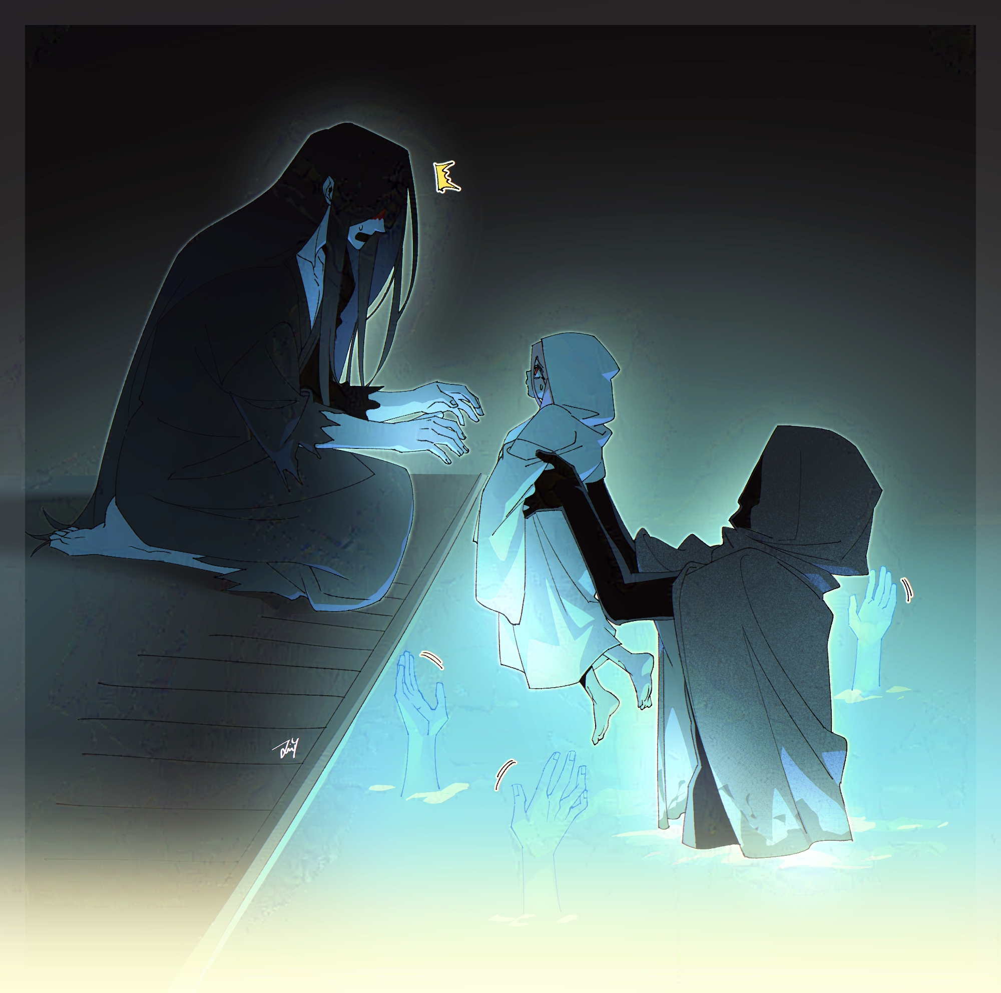 bbabbamis2, adashino adami, mr. crawling, mr. hood, homicipher, commentary, english commentary, highres, 1girl, 2boys, armpit carry, black hair, black kimono, bridge, cloak, disembodied hand, hood, hood up, hooded cloak, japanese clothes, kimono, long hair, multiple boys, raincoat, very long hair, wading, water