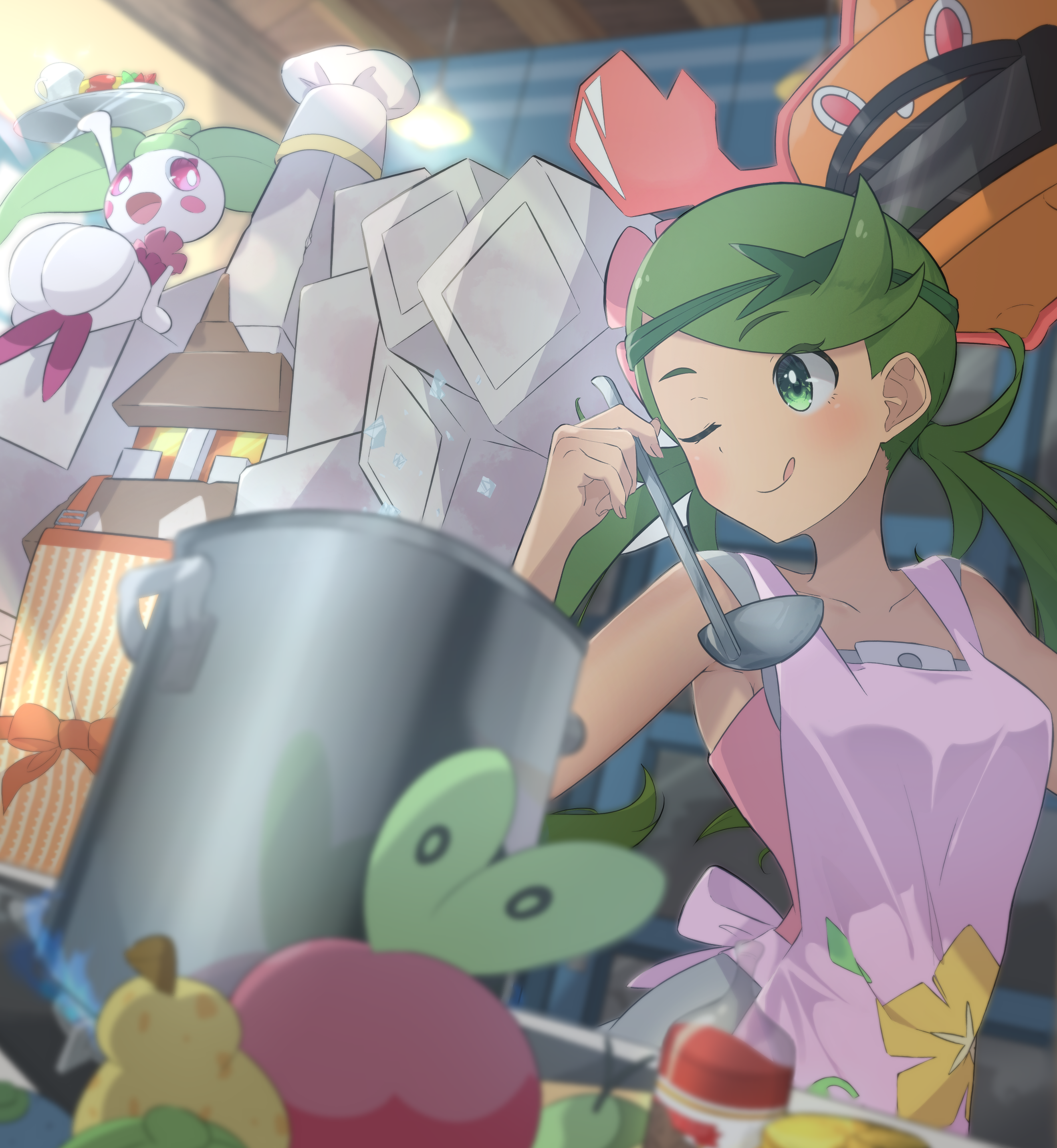 applin, garganacl, mallow (pokemon), rotom, steenee, nintendo, pokemon, pokemon sm, absurdres, commentary request, highres, 1girl, ;q, apron, berry (pokemon), blurry, blurry foreground, bottle, closed mouth, collarbone, cooking pot, gen 4 pokemon, gen 7 pokemon, gen 8 pokemon, green eyes, green hair, holding, holding ladle, ladle, long hair, one eye closed, pokemon (creature), purple apron, shadow, smile, suborofu, swept bangs, tongue, tongue out, twintails