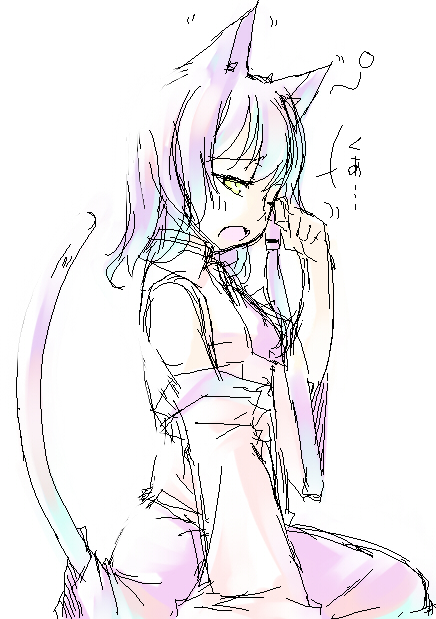sakuraba yuuki, kochiya sanae, touhou, 1girl, animal ears, cat ears, cat girl, cat tail, female focus, green eyes, kemonomimi mode, oekaki, open mouth, rubbing eyes, simple background, solo, tail, yawning