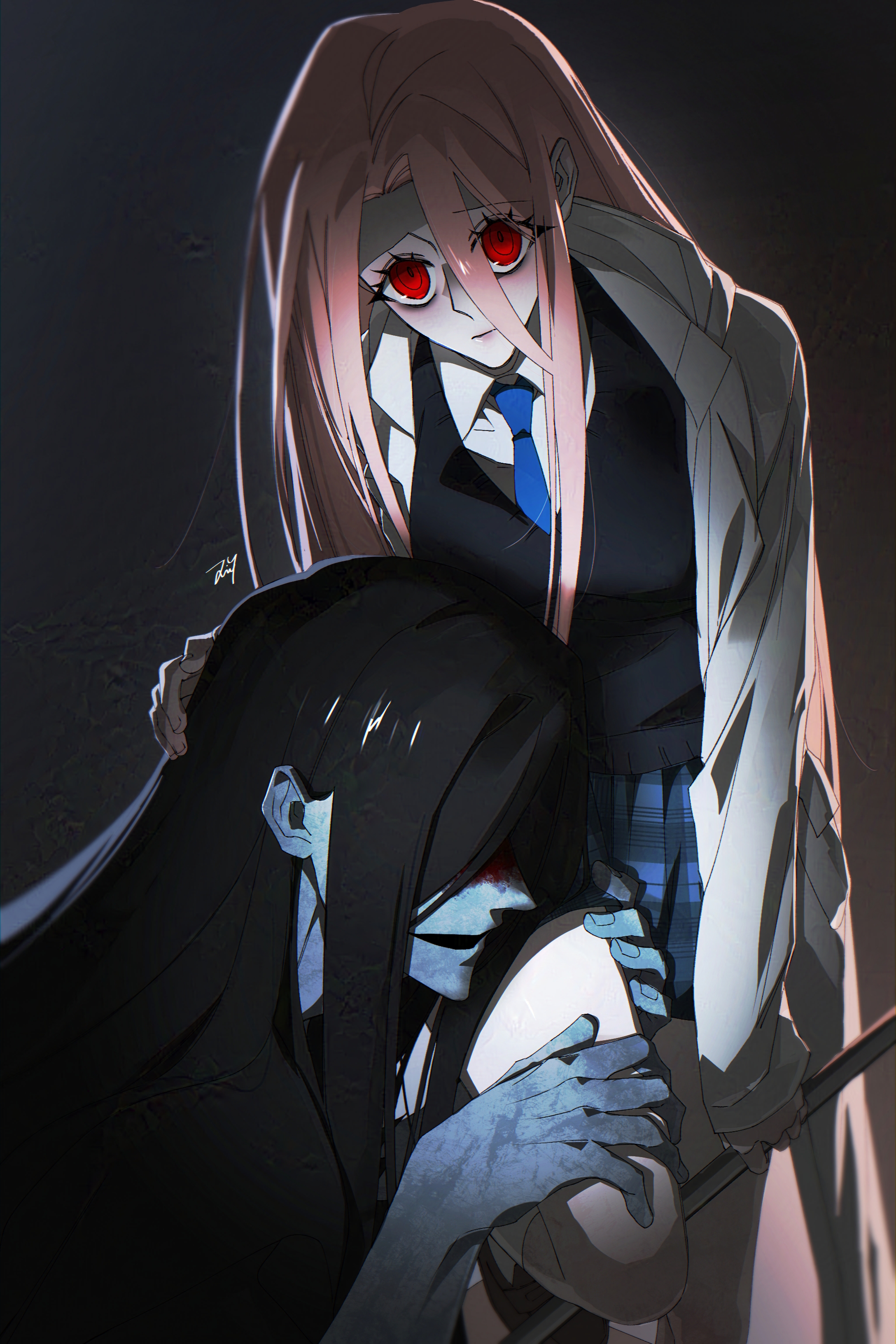 bbabbamis2, adashino adami, mr. crawling, homicipher, absurdres, commentary request, highres, korean commentary, 1boy, 1girl, black hair, black sweater, blood, blood on face, coat, crowbar, hand on another's head, holding, holding another's leg, holding crowbar, long hair, looking at viewer, open clothes, open coat, pink hair, raincoat, red eyes, ringed eyes, school uniform, skirt, sweater, very long hair
