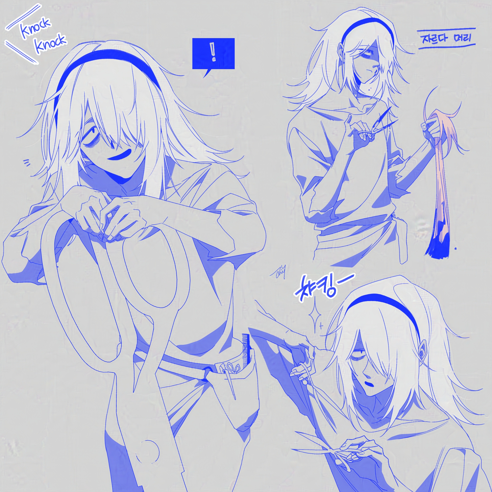 bbabbamis2, homicipher, commentary request, highres, korean commentary, translation request, 1girl, blood on scissors, blue theme, dual wielding, grey background, grey hair, hair over one eye, hairdresser (homicipher), holding, holding another's hair, holding scissors, korean text, long hair, multiple views, oversized object, scissors