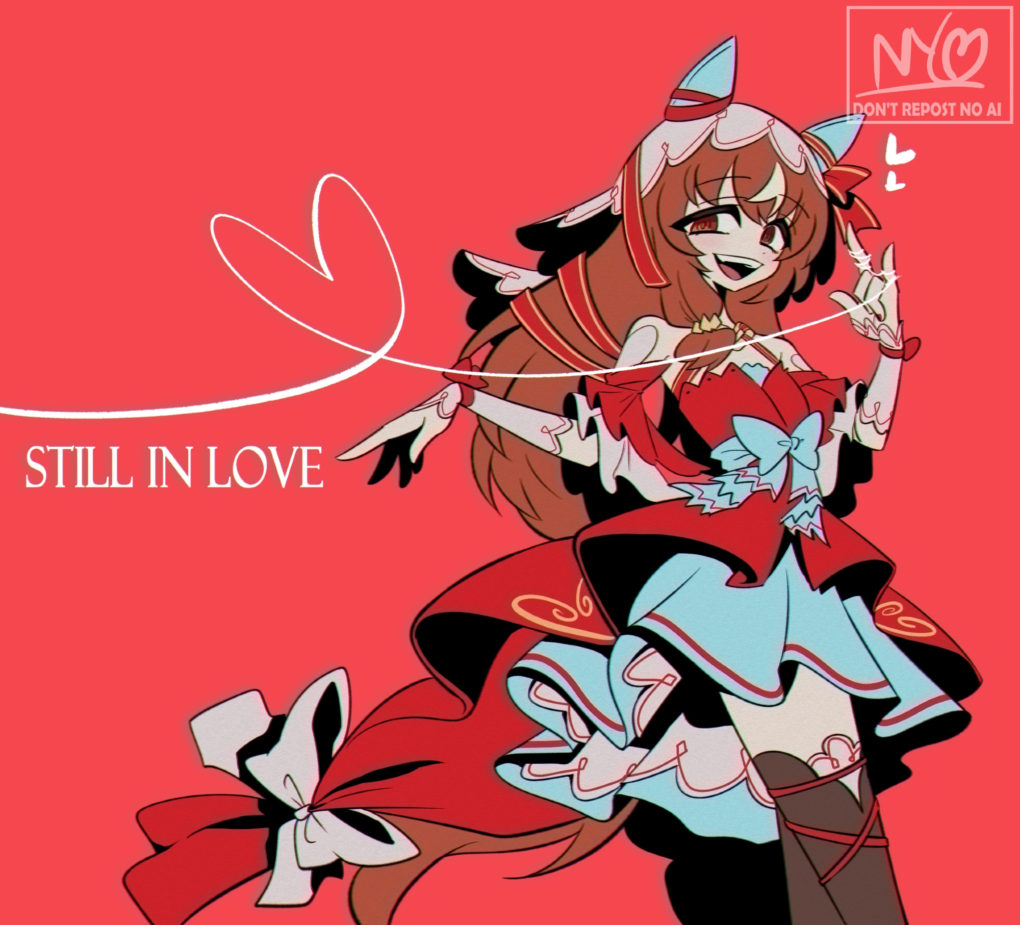 still in love (umamusume), umamusume, highres, 1girl, m/, animal ears, brown hair, ear covers, english text, hair ribbon, heart, horse ears, horse girl, horse tail, leg ribbon, looking at viewer, open mouth, red background, red eyes, red theme, ribbon, sinnersuccubus, solo, string, string of fate, tail, veil, white veil