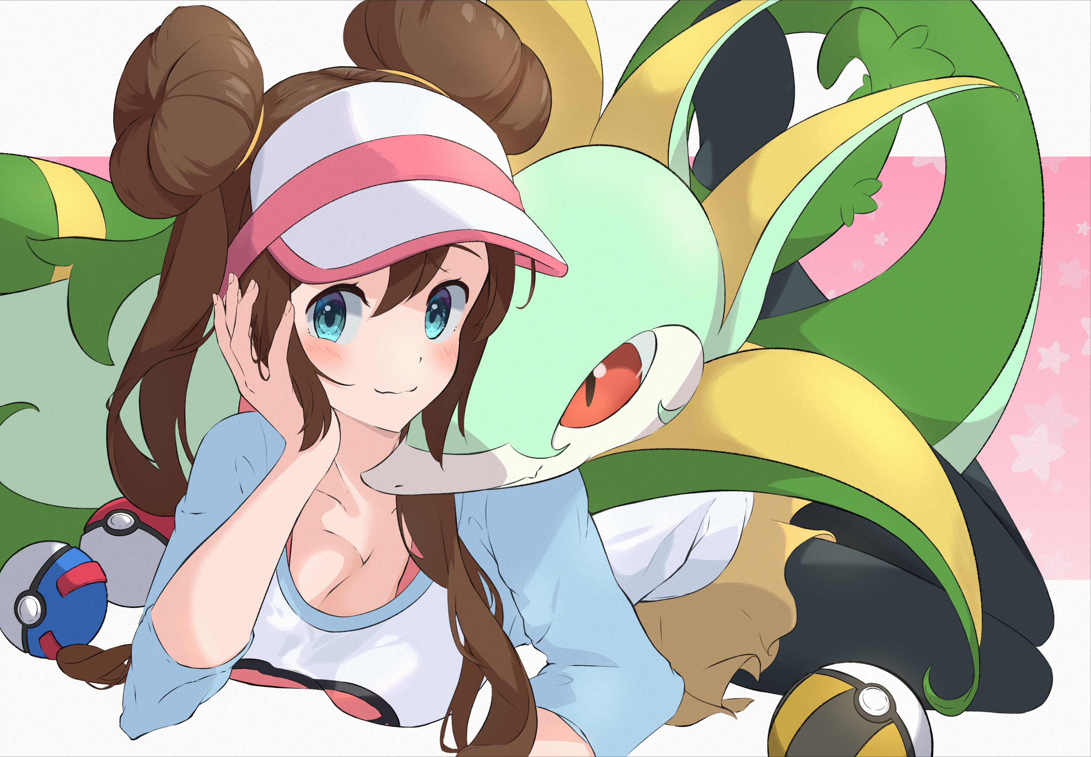 rosa (pokemon), serperior, nintendo, pokemon, pokemon bw2, absurdres, commentary request, highres, 1girl, aqua eyes, blush, breasts, brown hair, cleavage, closed mouth, double bun, gen 5 pokemon, great ball, hair bun, head rest, long hair, looking at viewer, poke ball, poke ball (basic), pokemon (creature), raglan sleeves, shirt, smile, suborofu, three-quarter sleeves, ultra ball, visor cap