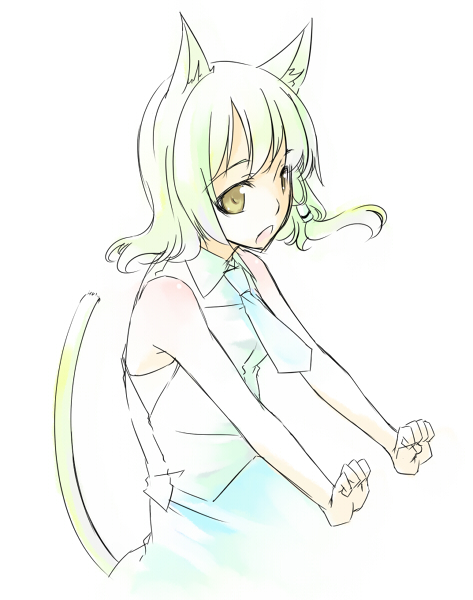 sakuraba yuuki, kochiya sanae, touhou, 1girl, animal ears, cat ears, cat girl, cat tail, female focus, green hair, kemonomimi mode, open mouth, simple background, solo, tail, yellow eyes