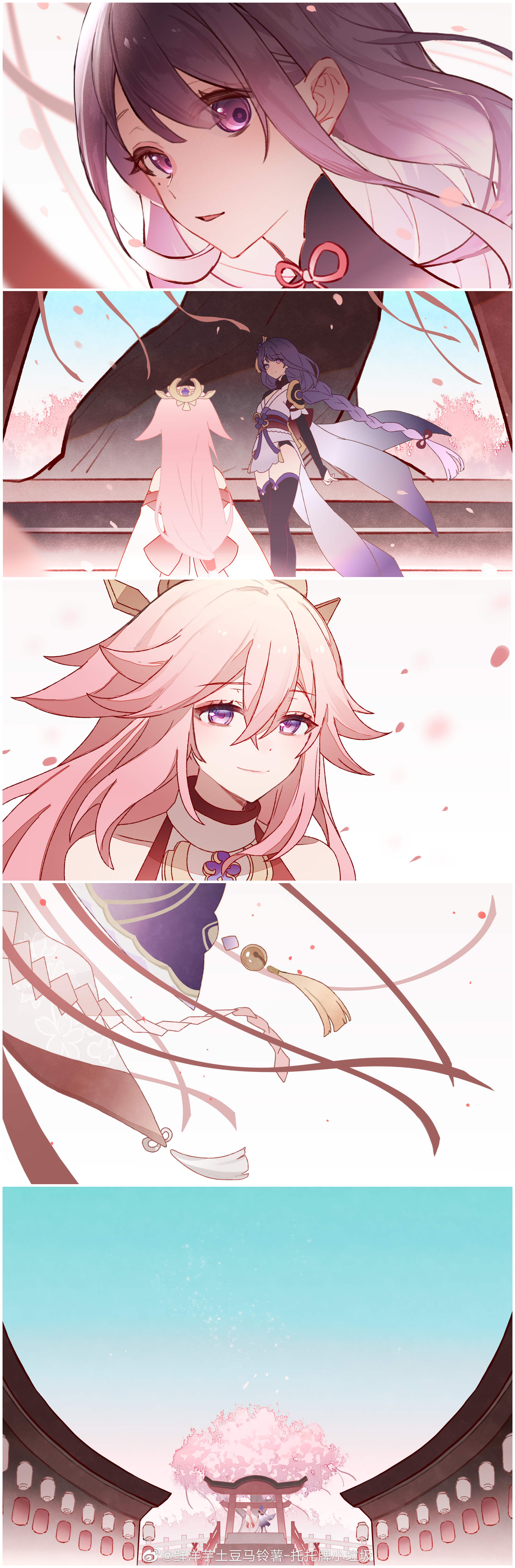 xianyangyutoumalingshu, raiden shogun, yae miko, genshin impact, absurdres, chinese commentary, highres, 2girls, animal ears, aqua background, architecture, armor, asymmetrical sleeves, back, back bow, bare shoulders, black thighhighs, blunt bangs, blurry, bow, braid, bridal gauntlets, cherry blossoms, close-up, closed mouth, collarbone, couple, depth of field, detached sleeves, east asian architecture, falling petals, fox ears, fox girl, friends, from behind, from side, glowing, glowing hair, gradient hair, hair between eyes, hair flowing over, hair ornament, head tilt, headpiece, japanese armor, japanese clothes, jewelry, kimono, leaning to the side, light smile, long braid, long hair, long sleeves, looking at viewer, looking down, looking to the side, mole, mole under eye, motion blur, multicolored hair, multiple girls, neck ribbon, nontraditional miko, off shoulder, open mouth, outdoors, pendant, petals, pink hair, pink petals, purple eyes, purple hair, red ribbon, red sash, ribbon, sash, shade, shoulder armor, single braid, sky, sleeveless, standing, thighhighs, tree, uneven sleeves, wide-eyed, wide sleeves, yuri
