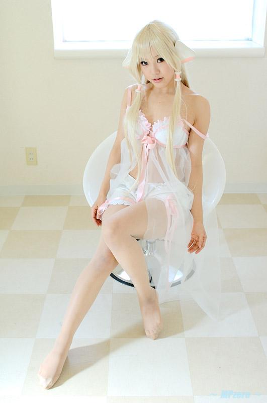 kipi-san, chii, chobits, photo (medium), 1girl, asian, bare shoulders, blonde hair, bloomers, breasts, brown eyes, chair, checkered floor, chii (cosplay), cosplay, electrical outlet, female focus, full body, indoors, long hair, looking at viewer, no shoes, pantyhose, sidelocks, sitting, small breasts, solo, strap slip, underwear, window