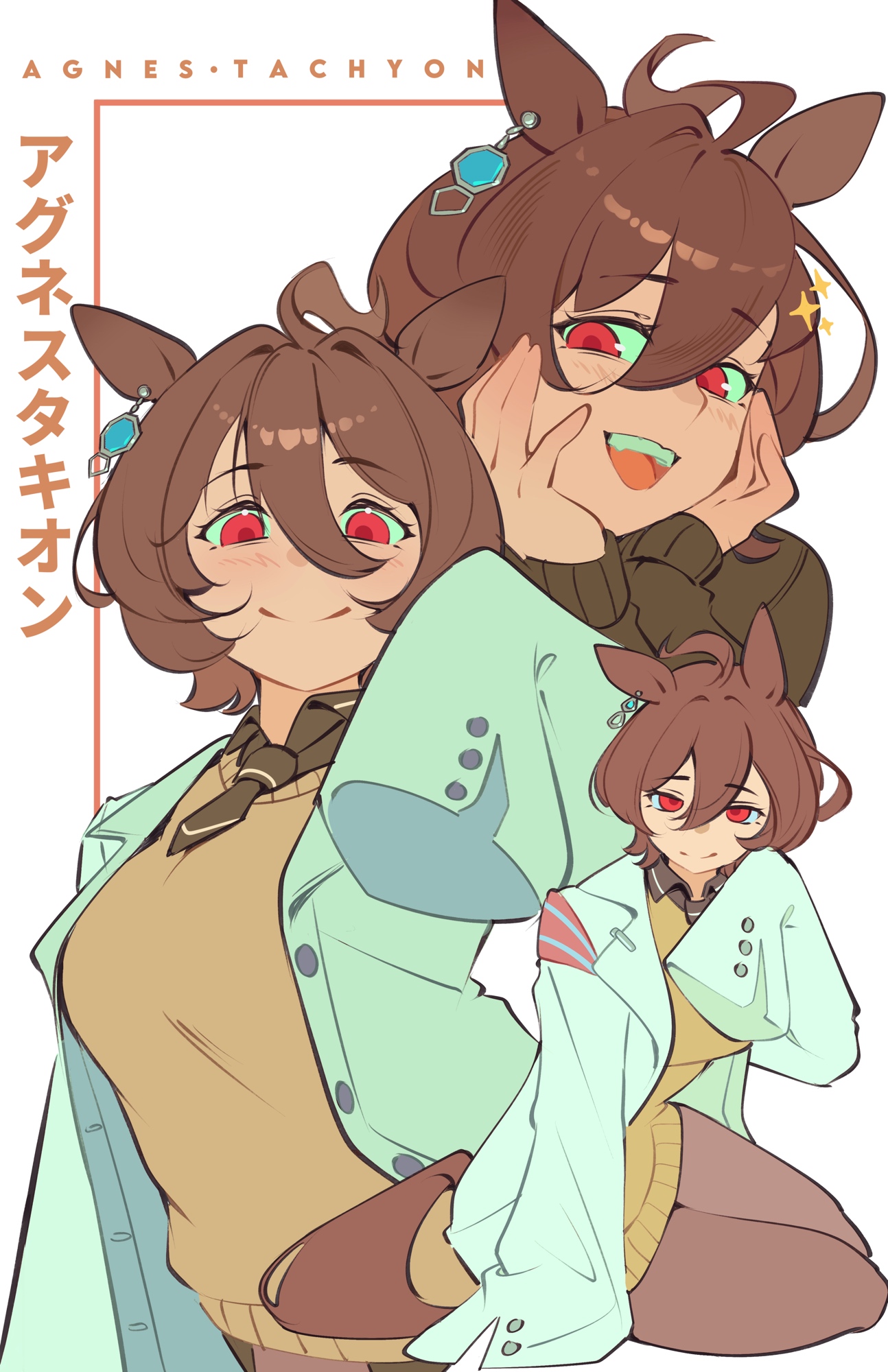 bea lenoir, agnes tachyon (umamusume), umamusume, highres, 1girl, ahoge, animal ears, brown hair, earrings, horse ears, horse girl, horse tail, huge ahoge, jewelry, lab coat, necktie, red eyes, short necktie, single earring, sleeves past fingers, sleeves past wrists, solo, sweater, tail, wolf cut, yellow sweater