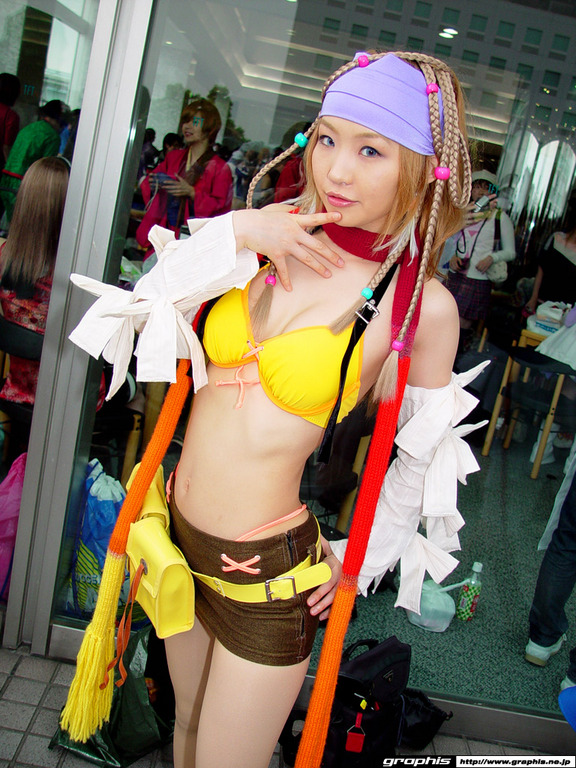 rikku (ff10), final fantasy, final fantasy x, final fantasy x-2, photo (medium), airbrushed, asian, bandana, bikini, breasts, cleavage, cosplay, detached sleeves, swimsuit, watermark, web address