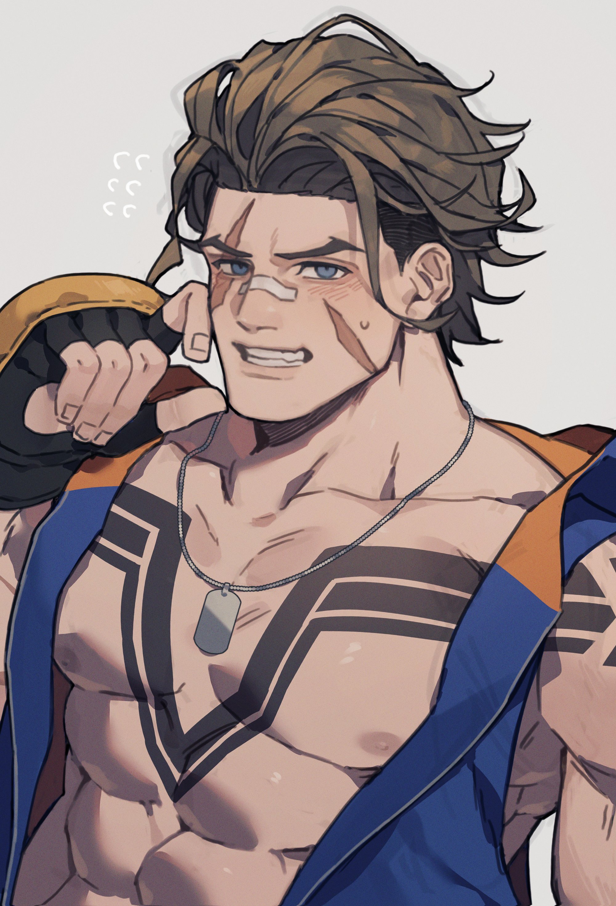 prat rat, luke sullivan, street fighter, street fighter 6, absurdres, commentary, commentary request, highres, 1boy, abs, arm up, bandaid, bandaid on face, bare pectorals, blue eyes, blue jacket, brown hair, facial scar, fingerless gloves, fingernails, flying sweatdrops, forked eyebrows, gloves, grey background, grin, hair slicked back, hood, hood down, hooded jacket, jacket, looking at viewer, male focus, mma gloves, multiple scars, nervous sweating, nipples, pectorals, scar, scar across eye, scar on cheek, scar on face, short sideburns, sleeveless, sleeveless jacket, smile, solo, sweat, teeth, unzipped, upper body